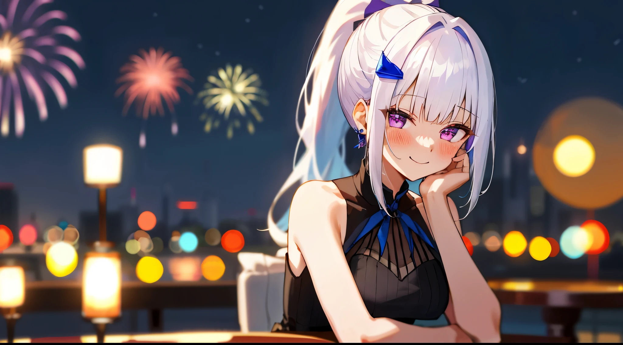 One girl with high ponytail hair, bangs, white hair, blue inner hair:1.25) , purple eyes, looking at viewer, blushing, little smile, outsoor, firework, cafe, table, sitting, black sleeveless dress, earrings, mid-chest, night atmosphere, hair ornament, medium breasts, upper body, focus, blurry background, hands in face