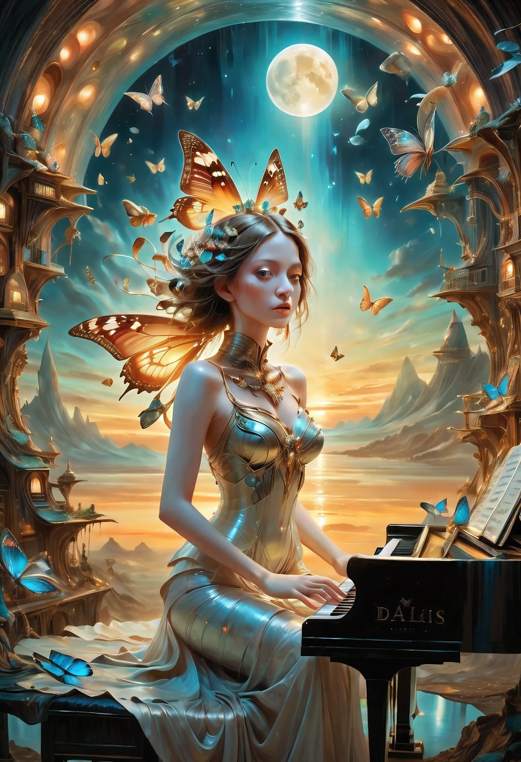 high quality, highly detailed, fantasy, At the forefront of this enchanting scene stands A Gorgeous Girl, a Mother of Pearl Loingcloth .This surrealistic painting features(( Butterflys )) and Piano Keypords over various objects computer, spaceship, Salvador Dalis face, in a dreamlike landscape. Its distorted reality and unsettling beauty in the style of Leonardo Davinchi,