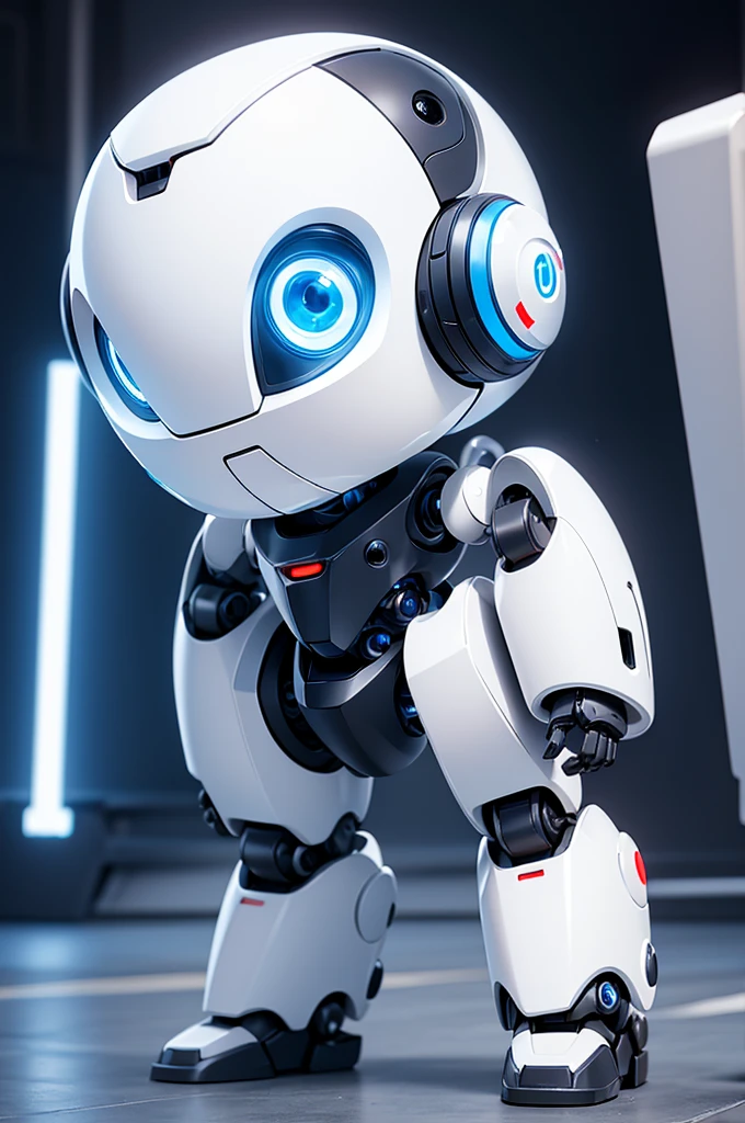 ((masterpiece, best_quality)) robot, cute, dynamic pose, white metal robot with blue glowing eyes, no mouth, no nose
