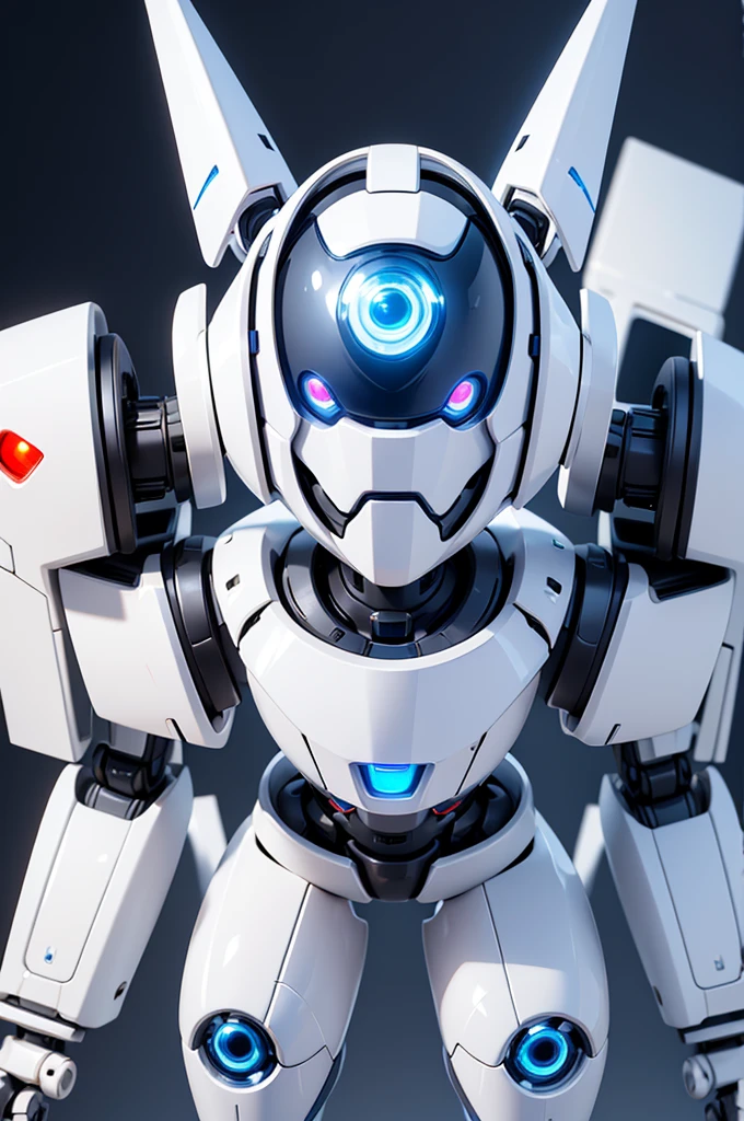 ((masterpiece, best_quality)) robot, cute, dynamic pose, white metal robot with blue glowing eyes, no mouth, no nose