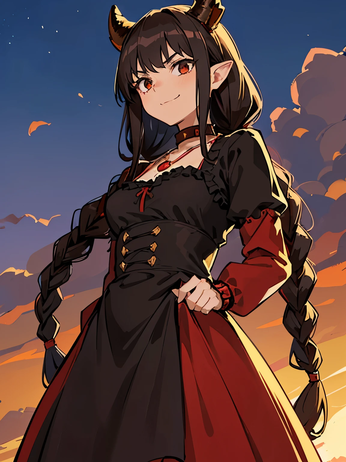 1girl, moe, cute face, short & slim (160cm), B cup breasts, light skin tone, dark brown hair, hair glimmers red in sunlight, black eye color which glimmers red, wearing small red gem necklace, wearing small golden/red, horns above ears, wearing black victorian dress, smirking, long hair, braided hair