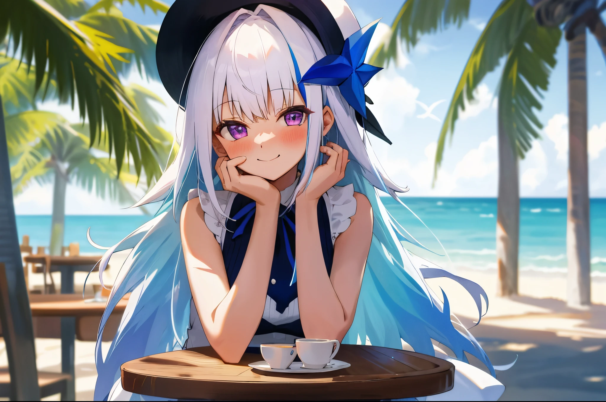 One girl with long hair, bangs, white hair, blue inner hair:1.25) , purple eyes, looking at viewer, blushing, little smile, outdoor, cafe, beach, table, sitting, white dress, sleeveless, white hat , mid-chest, day atmosphere, hair ornament, medium breasts, upper body, focus, blurry background, food, hands in face