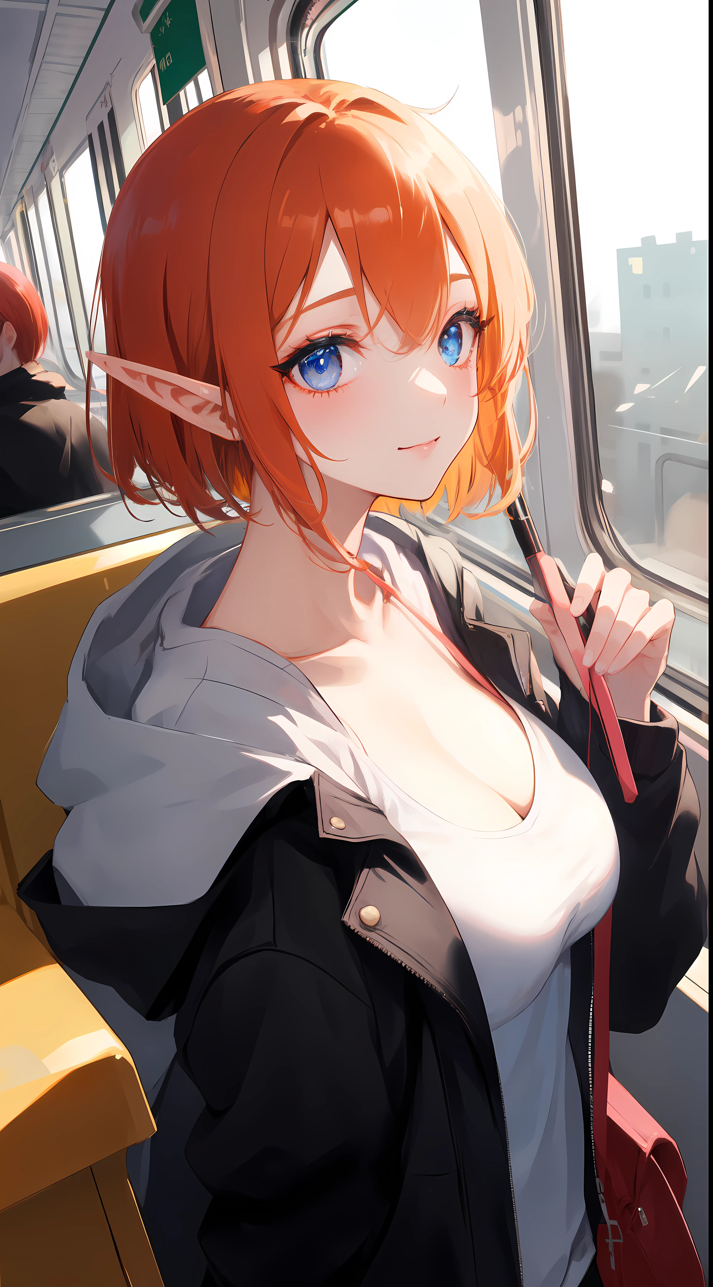 (masterpiece, sidelighting, ultra-detailed, finely detailed beautiful eyes: 1.2), An elf girl, In the train, from side, solo, upper body, Masterpiece, best quality, BREAK, highly detailed of (elf), (1girl), perfect face, details eye, Bob cut hair, Blunt bangs, (hair between eye), orange hair, red hair, Big breast, nice body, concept art by Artgerm, by Kawacy, By Yoshitaka Amano, BREAK, blue eyes, eyelashes, eyeshadow, pink eyeshadow, light smile, BREAK, bag, hoodie jacket, BREAK, train, train interior,