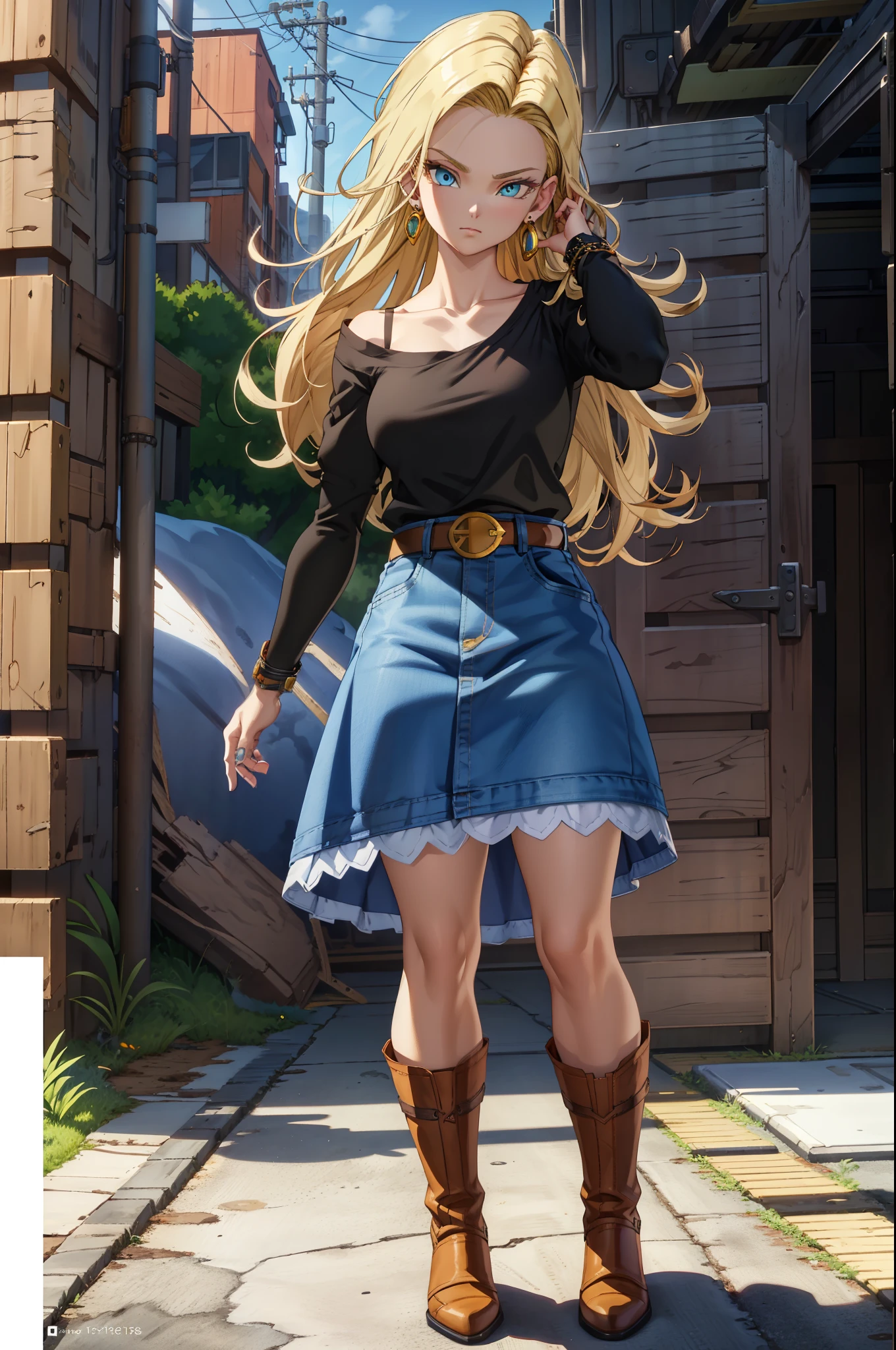 (extremely detailed CG unity 4k wallpaper),(masterpiece),(best quality),(ultra-detailed),(best illustration),(best shadow),(absurdres),(detailed background), Android 18, android 18, 1girl, solo, black hair, skirt, blue eyes, white background, full body, boots, brown footwear, background, long hair, hand on hip, belt, denim skirt, earrings, long sleeves, jewelry, looking at viewer, standing, shirt, blue skirt, hand in own hair, collarbone, black shirt, denim, striped sleeves, closed mouth