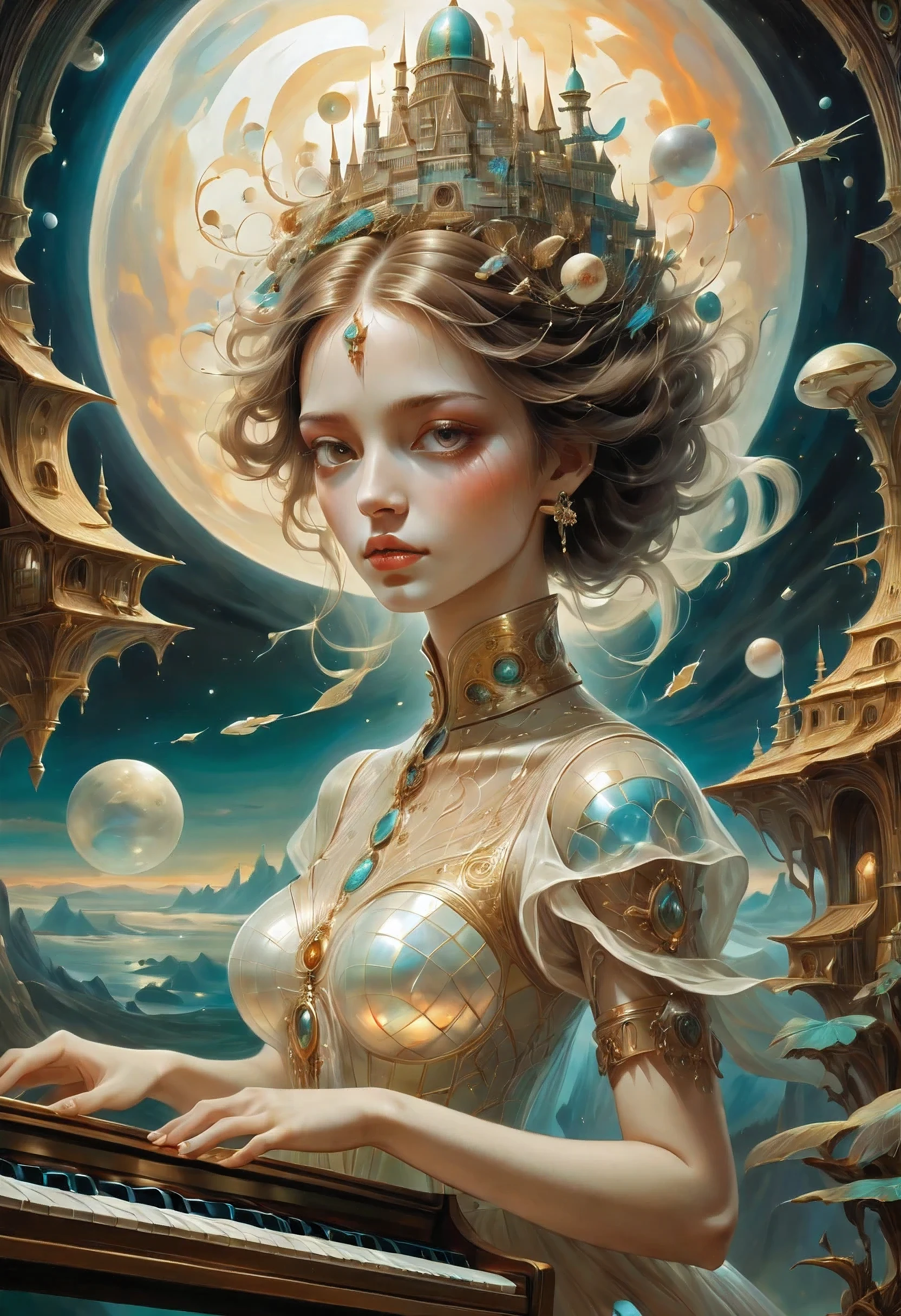 high quality, highly detailed, fantasy, At the forefront of this enchanting scene stands A Gorgeous Girl, a Mother of Pearl Loingcloth .This surrealistic painting featureutterflys )) and Piano Keypords over various objects computer, spaceship, Salvador Dalis face, in a dreamlike landscape. Its distorted reality and unsettling beauty in the style of Les Edwards,