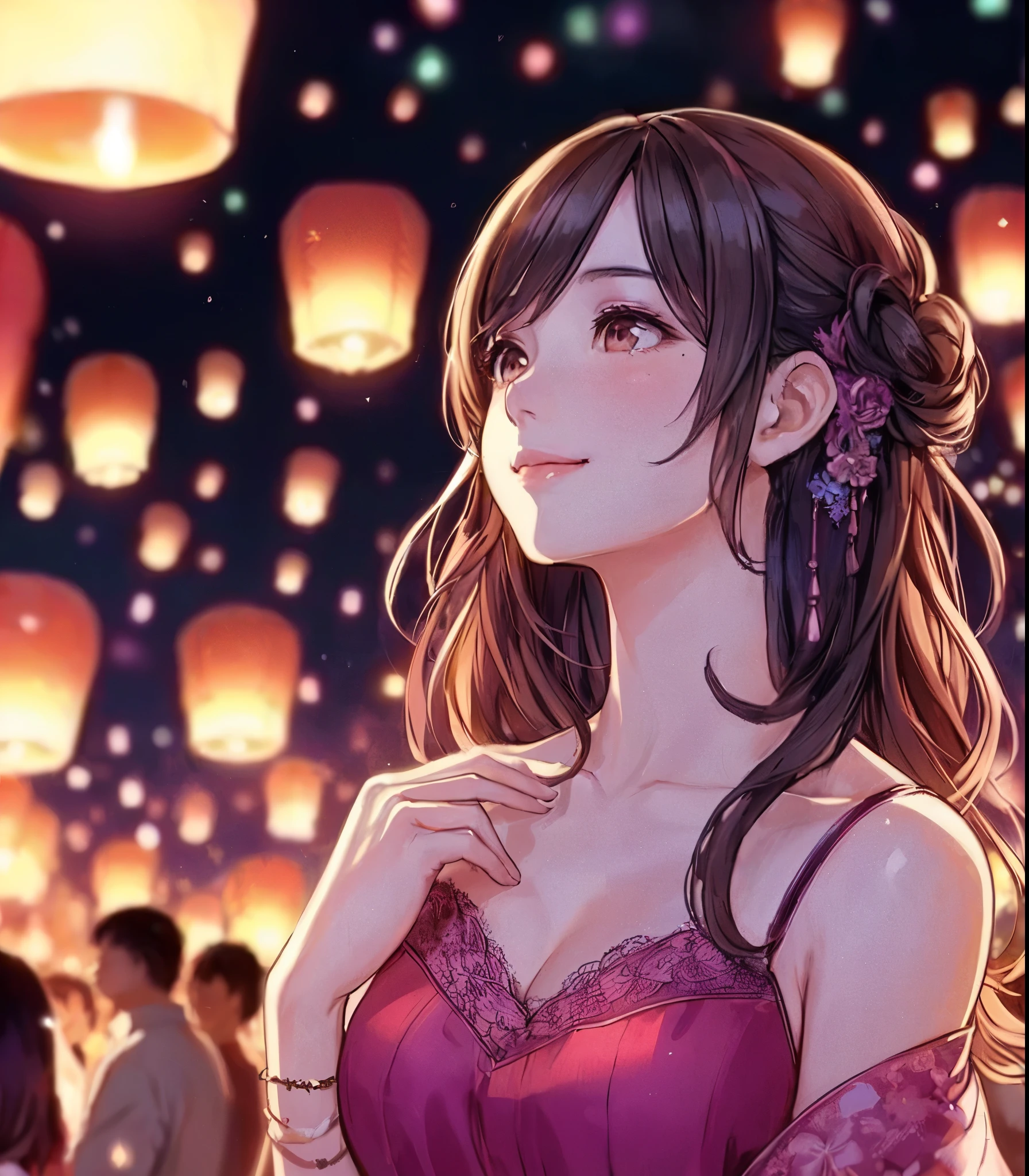 1lady solo, (looking up at the night sky:1.2), (stylish outfit), mature female, /(dark brown hair/) bangs, blush kind smile (eyes sparkling with fascination:1.1), (masterpiece best quality:1.2) delicate illustration ultra-detailed, large breasts BREAK (floating lanterns:1.2) glowing, (night sky filled with countless lanternREAK (Kom Loy festival outdoors) Chiang Mai, (New Year's Day), crowded