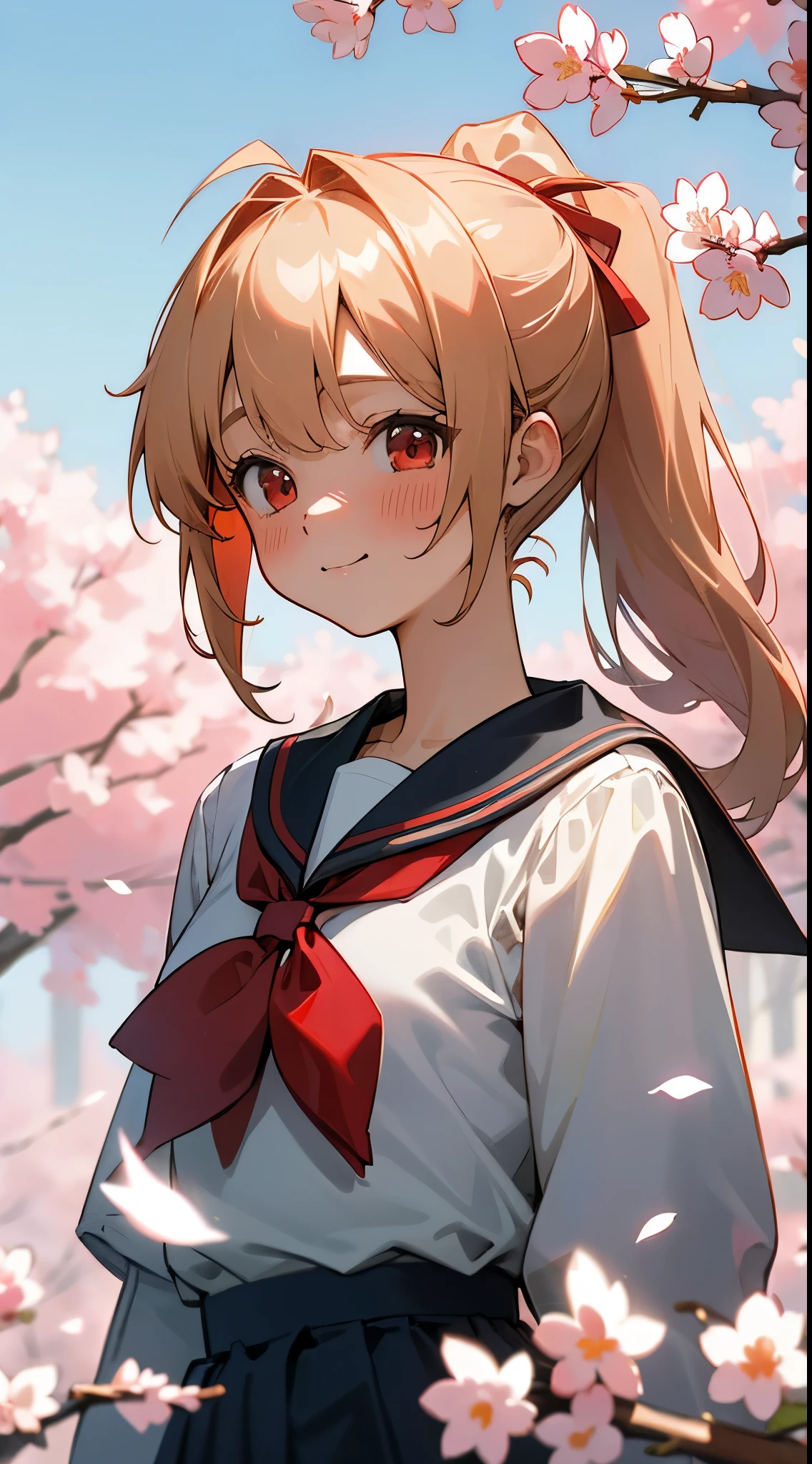 (masterpiece、realisitic、超A high resolution、hightquality:1.2)、
1girl in、(年轻)、 Blonde ponytail、Red ribbons、Ahoge、big round red eyes、small tits、red blush、Red cheeks、
portlate、old photo、80s style、dynamicposes、upper body close - up、A smile、Sailor School Uniform、cherry blossoms falling、a park、blue-sky