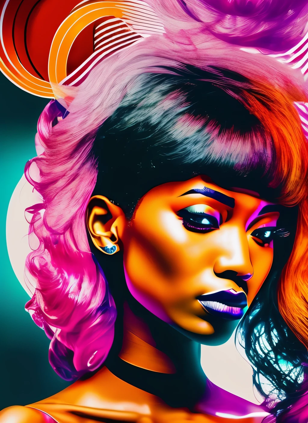 smooth black backgroundbines surrealist elements with a pop touch in a digital portrait. Experiments with flashy colors and shapes that challenge reality. --auto --s2