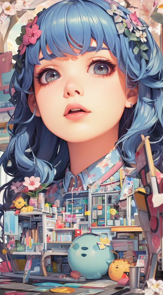 (masterpiece、top-quality)、1girl in、swim wears、skirt by the、Wavy Longhair、asymmetrical bangs、waving at viewer、face perfect、beautiful countenance、A charming、big gorgeous eyes、Showing teeth and smiling、perfect slim fit body、lots of flower、fronds、bright colour