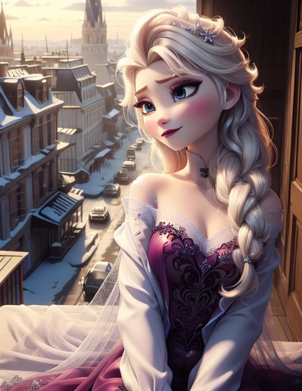 prendre la moitié des vêtements,(seins clairs:1.2), Elsa,chubby face,made up,Facial detail,rougir,purple eyeshadow, rose sur les cheveux,Haut du corps, background, regardant d'a quote,half-through shirt, peignoir, anniversaire cum,cum on face,facial