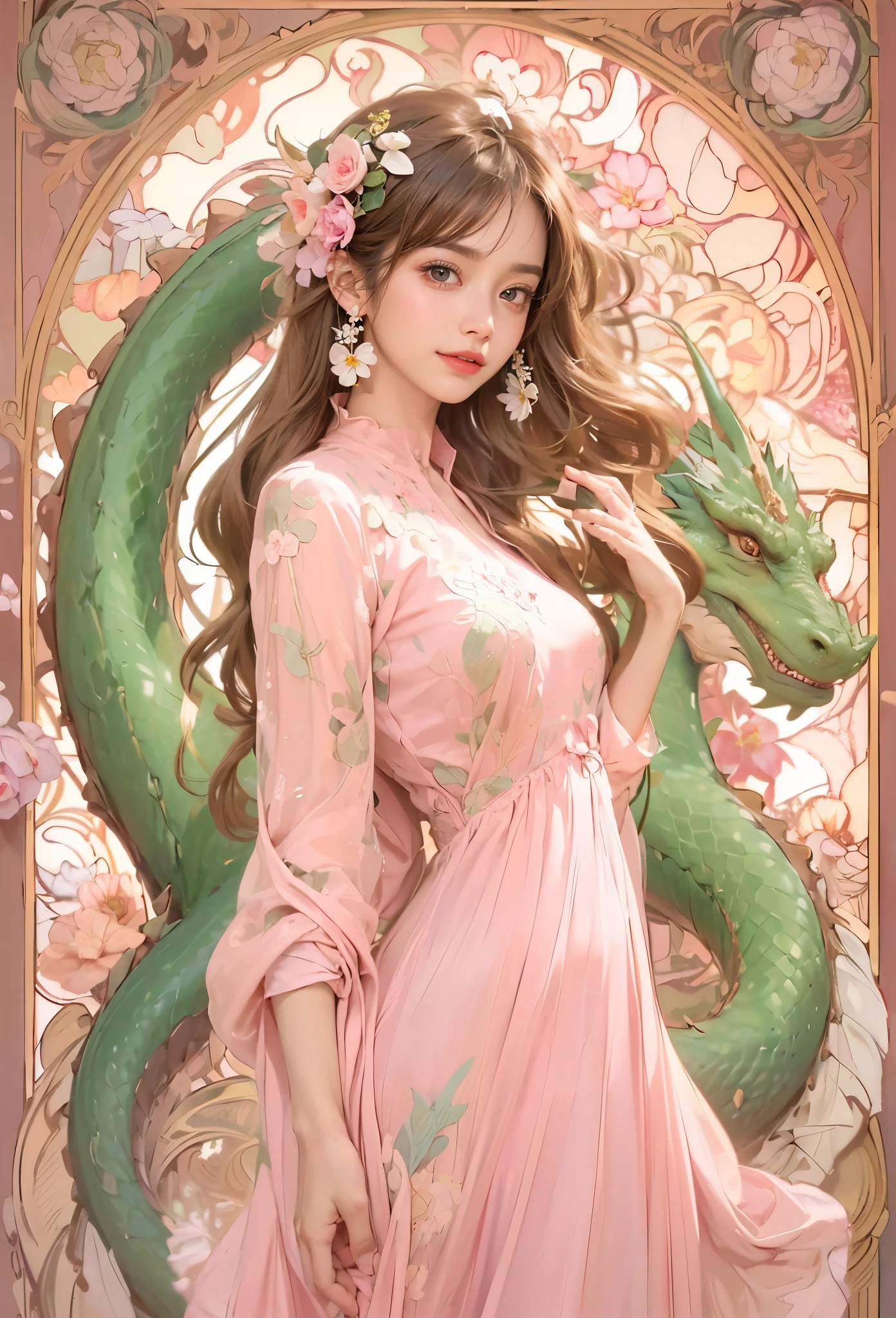 (best quality photo of an ultra beautiful girl wearing a see-through pink dress with a dragon in perfect geometrical harmony:1.3), (Alfons Mucha’s artwork:1.4 )(Fractal Art, colorfull, florals, artistic fantasy art, vivid colors:1.2), (An extremely delicate and beautiful work:1.2),(she is the embodiment of beauty and allure, her clothes are soft and light texture as air,), (pop dragon, cute dragon, unreal dragon, green dragon, the dragon made of flower :1.2),A very beautiful and attractive woman, (perfect anatomy:1.1),shiny skin ,(teenage:1.2),(detailed face), detailed eyes, black eyes, lustrous lips ,(looking at viewer), subtle smile, beautiful figure, slender abs, dark brown long hair,(best quality, masterpiece, ultra detailed, ultra high res, photorealistic, raw photo, absurdres, absolutely resolution:1.4),