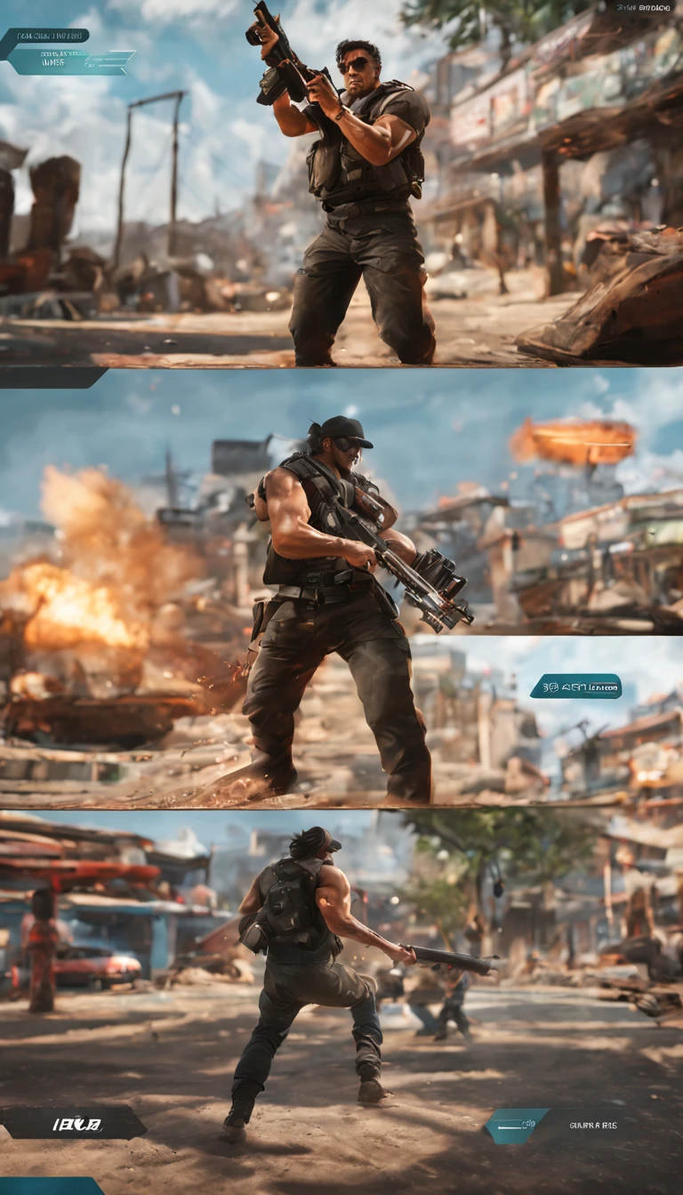 3d render fighting game UI screen layout, [Malay man] and [Rambo] in a shooting machine gun effect, right side featuring HUD with weapon selection controls, bold title text "[RUDI]" on top left and text "[RAMBO]" on top right, background with KualabLumpur city game scene stage, Greg Rutkowski style, ray tracing, trending on ArtStation, sharp focus, smooth and intricate details, highly detailed, dinamic, 8k UHD ultra-realistic.