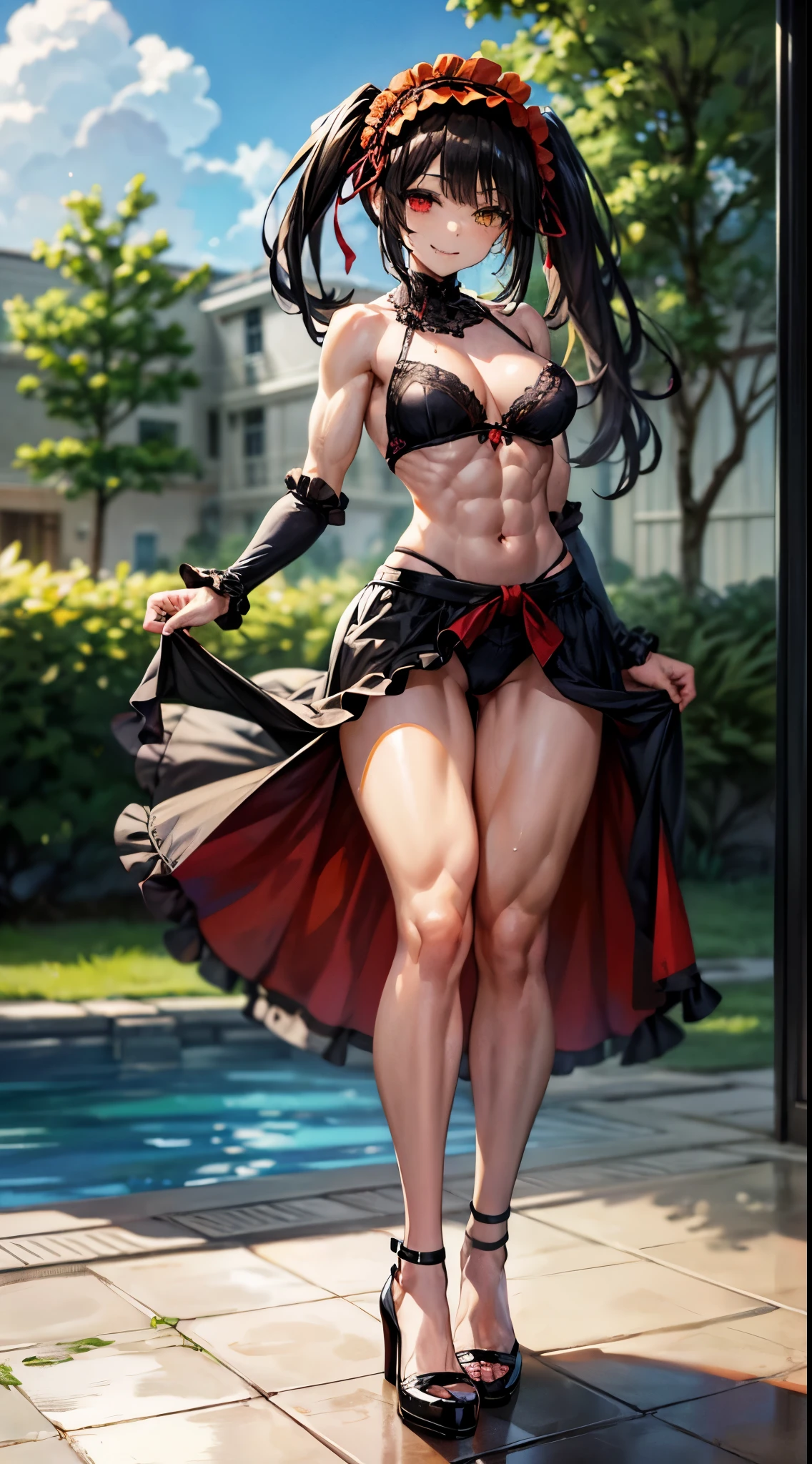 1 girl, bare shoulders, black hair, medium breasts, (muscular legs), white skin, muscular belly, wide hips, thin waist, (((clock eyes))), in the pool with the hot sun, (naked showing her muscles), (((being sexy))), full body, hair band, (((all wet))), (standing), heterochromia, black high heel shoes, ta hair band, long hair, red eyes, mischievous smile, (sly look), only, symbol-shaped pupils, (Kurumi tokisaki), (twintails), yellow eyes
