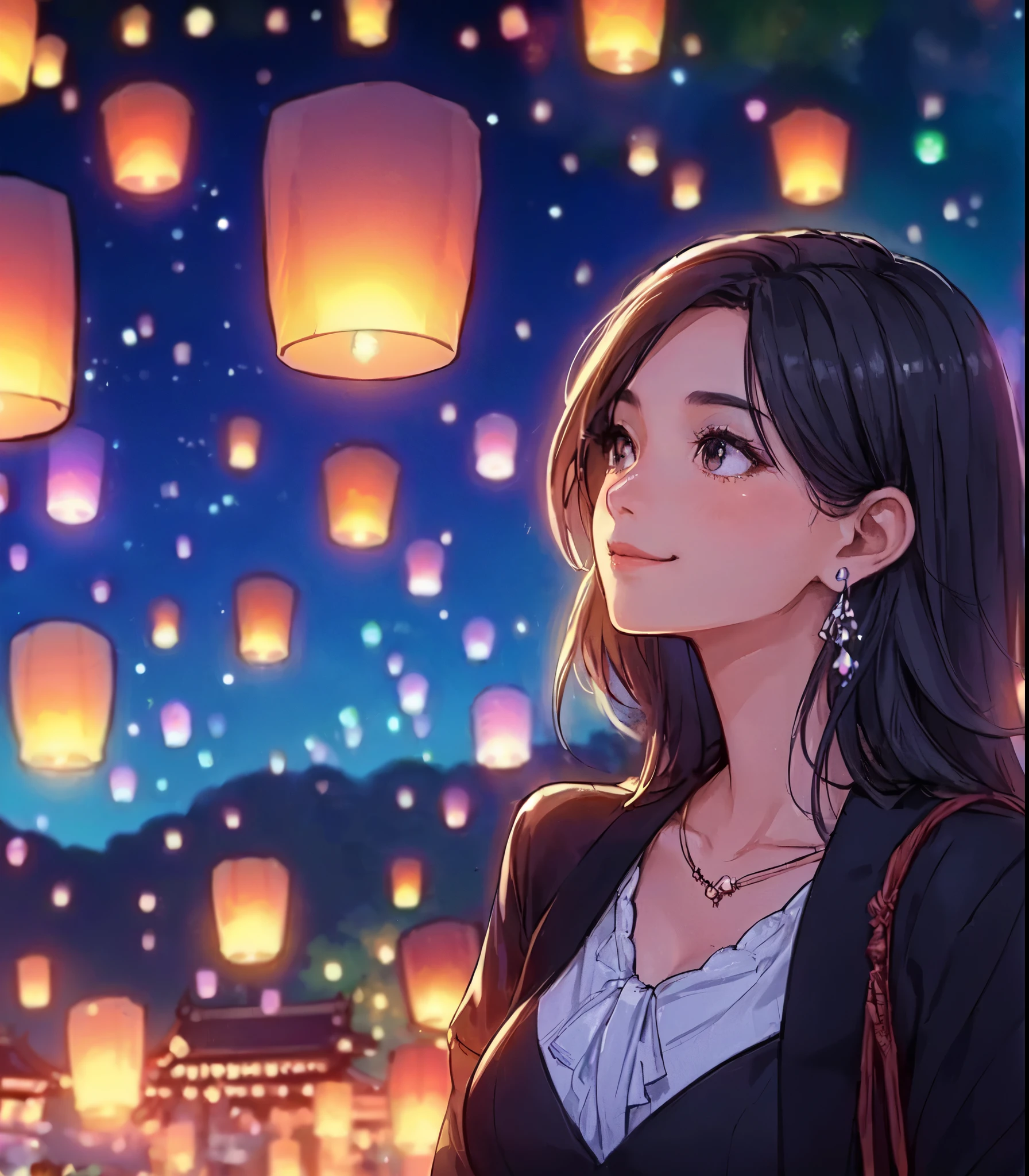 1lady solo, (looking up at the night sky:1.2), (stylish outfit), mature female, /(black hair/) bangs, blush kind smile (eyes sparkling with fascination:1.1), (masterpiece best quality:1.2) delicate illustration ultra-detailed, large breasts BREAK (floating lanterns:1.2) glowing, (night sky filled with countless lanternREAK (Kom Loy festival outdoors) Chiang Mai, (New Year's Day), crowded