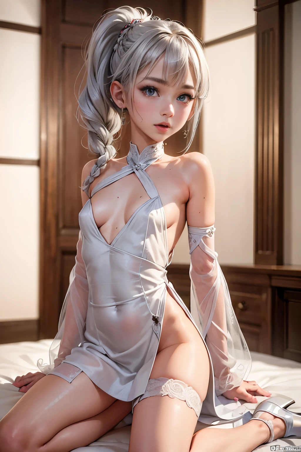 (Best Quality, masutepiece:1.2), 超A high resolution, Realistic, Front lighting, intricate detailes, Exquisite details and textures, 1girl in, Solo ,(年轻), Face Highlight, Upper body, Detailed face, Tear mole, White skin, Silver hair, Ponytail, Braid hair, Looking at Viewer, Big eyes, silk robe, (Hollow pattern, white, Silk), earrings, Small breasts, Slim body, luxury room, Professional Lighting, Photon mapping, Radio City, Physically-based rendering,Silver Dresses,metallic high heels