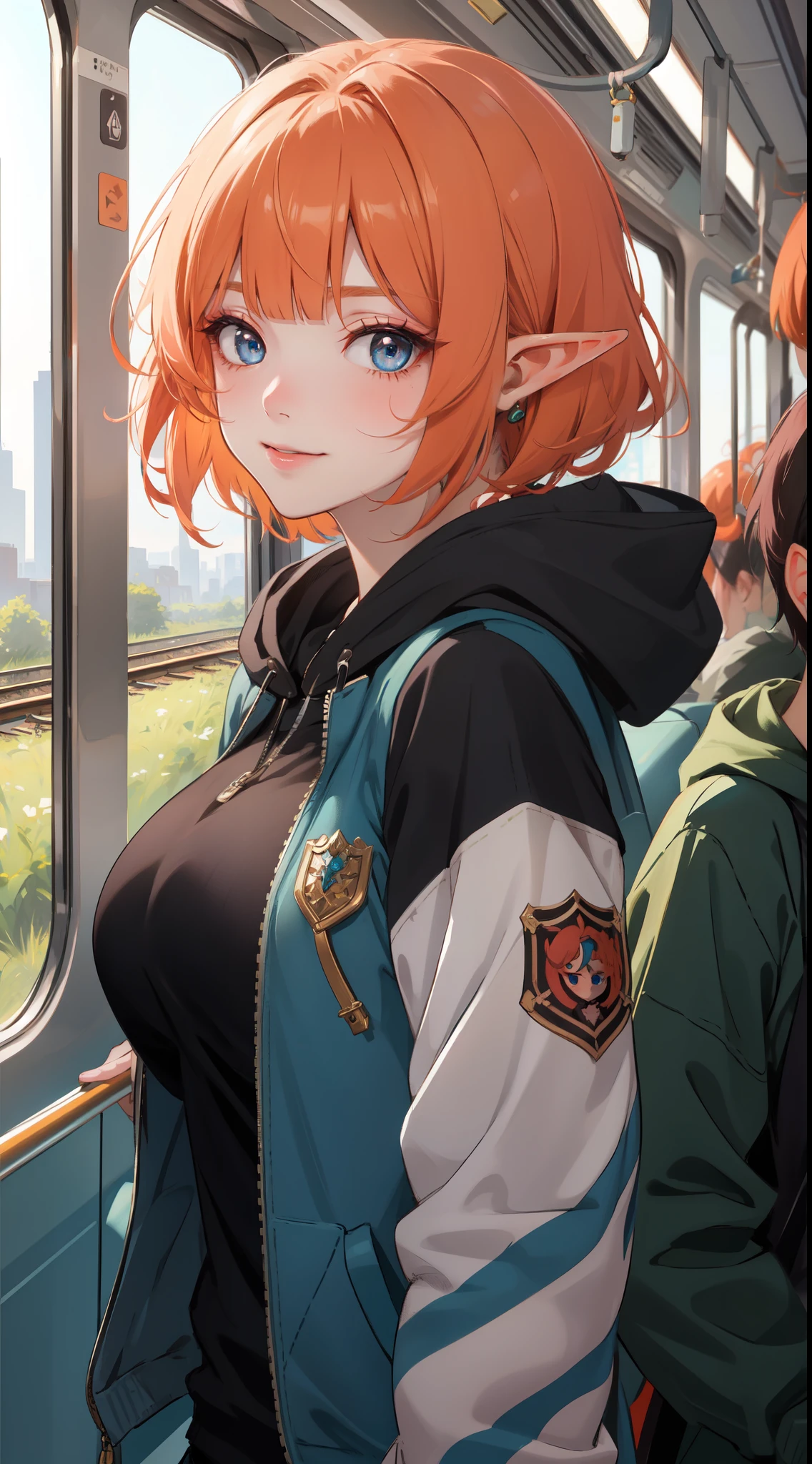 (masterpiece, sidelighting, ultra-detailed, finely detailed beautiful eyes: 1.2), An elf girl, In the train, from side,  solo, upper body, Masterpiece, best quality, BREAK, highly detailed of (elf), (1girl), perfect face, details eye, Bob cut hair, Blunt bangs, (hair between eye), orange hair, red hair, Big breast, nice body, concept art by Artgerm, by Kawacy, By Yoshitaka Amano, BREAK, blue eyes, eyelashes, eyeshadow, pink eyeshadow, light smile, BREAK, bag, hoodie jacket, BREAK, train, train interior,