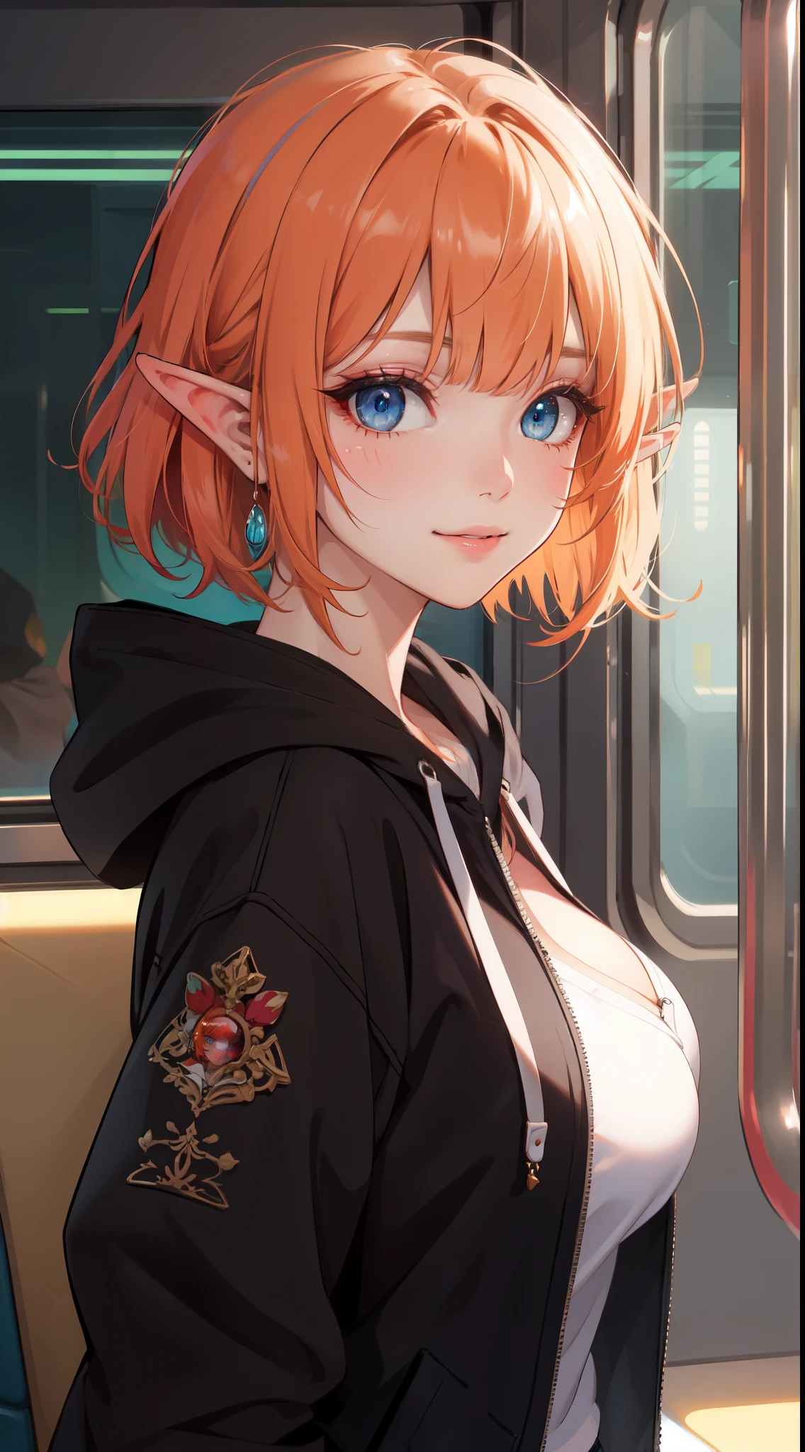 (masterpiece, sidelighting, ultra-detailed, finely detailed beautiful eyes: 1.2), An elf girl, In the train, from side,  solo, upper body, Masterpiece, best quality, BREAK, highly detailed of (elf), (1girl), perfect face, details eye, Bob cut hair, Blunt bangs, (hair between eye), orange hair, red hair, Big breast, nice body, concept art by Artgerm, by Kawacy, By Yoshitaka Amano, BREAK, blue eyes, eyelashes, eyeshadow, pink eyeshadow, light smile, BREAK, bag, hoodie jacket, BREAK, train, train interior,