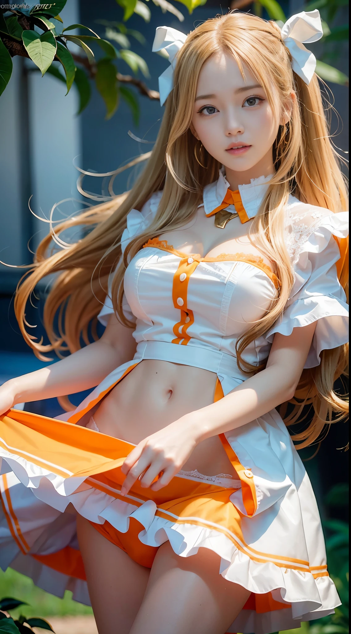 (Very cute 20 year old young woman from Japan), ((bright blonde delicate hair)), ((Short hair with side wave twintails)),(((Slender and slender body type))),medium bust size、small tits、 (((Clean hands))),(Curly hair),(((Very sweet smile))), (((She is wearing light orange and white collaborative lace panties))),(((She is wearing a light orange and white collaborative knit dress.))) ,((of the highest quality, 16 K, masutepiece: 1.3)), Light on Face, hyperdetailed face, very detailed lips, Detailed eyes,