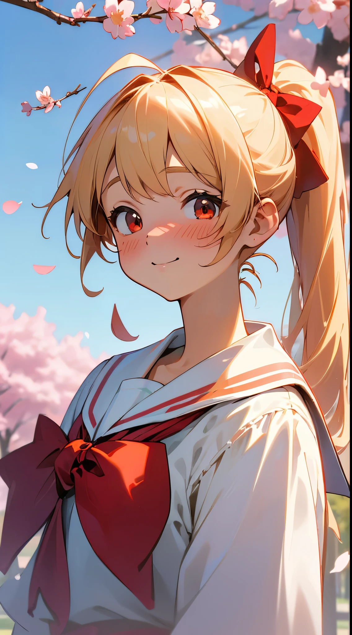 (masterpiece、realisitic、超A high resolution、hightquality:1.2)、
1girl in、(年轻)、 Blonde ponytail、Red ribbons、Ahoge、big round red eyes、small tits、red blush、Red cheeks、
portlate、old photo、80s style、dynamicposes、upper body close - up、A smile、Laugh、Sailor School Uniform、cherry blossoms falling、a park、blue-sky