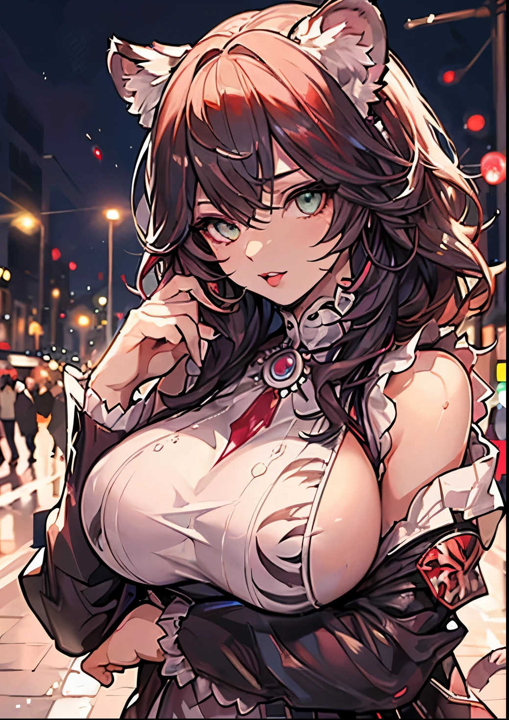 Vivid depiction, A detailed eye, detailed and beautiful faces, top-quality, white tiger sexy woman, Beautiful well-groomed face, red lipsticks, large full breasts, white tiger pattern sexy clothes,