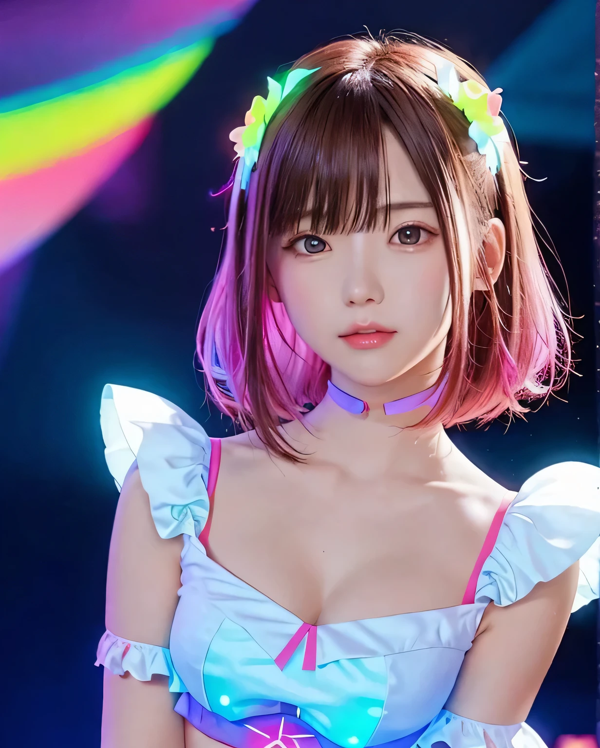 (upper body closeup)、portlate、(独奏)、​masterpiece、top-quality、contrast in clothes、cygedelic、[[[nffsw]]]、Particle、bloom、(Neon lighting、(Glow:1.3))、flat-colors、splashes of colour、colors mashing、with round face、