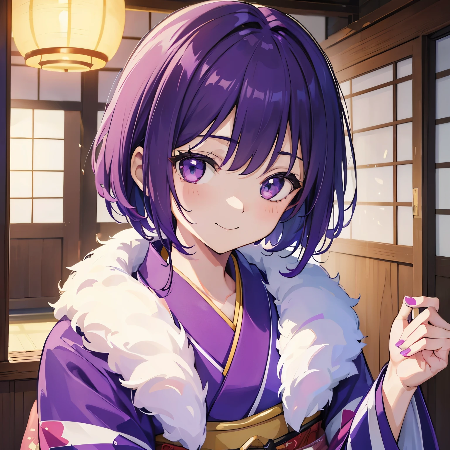 (tmasterpiece，4k wallpaper，best qualtiy))、((girl with１a person))、(独奏)、Brilliant，(Purple hair)、short-cut、a smile、close up of face、kimono、（morning:1.3)、traditional Japanese room、January