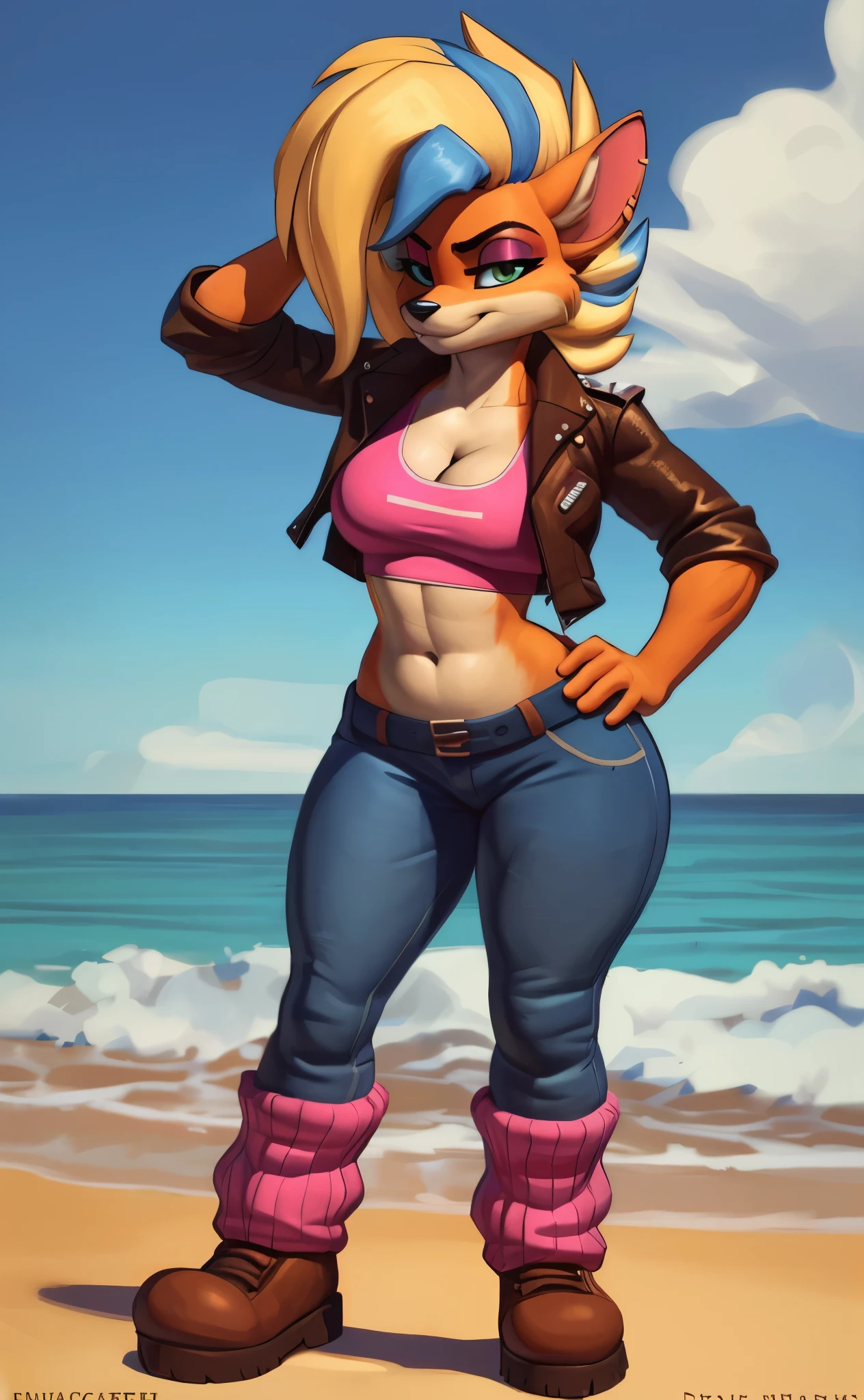 [piratetawna], [Uploaded to e621.net; (Pixelsketcher), (wamudraws)], ((masterpiece)), ((HD)), ((high res)), ((solo portrait)), ((full body)), ((furry; anthro)), ((detailed fur)), ((detailed shading)), ((beautiful render art)), ((intricate details)), {anthro; (slim figure), orange fur, black nose, beautiful green eyes, (red eyeshadow), long blonde hair, (curly bang blue highlights), (medium boobs), (curvy wide hips), (thick thighs), (beautiful legs), (beautiful feet), (smug grin)}, {(pink tee shirt), (navel), (cleavage), (brown leather jacket), (tight blue jeans), (brown boots), (pink leg warmers)}, {(standing), (scratching head), (looking at viewer)}, [background; (beach), (ship in ocean), (beautiful ocean), (blue sky), (sun rays), (ambient ocean)]