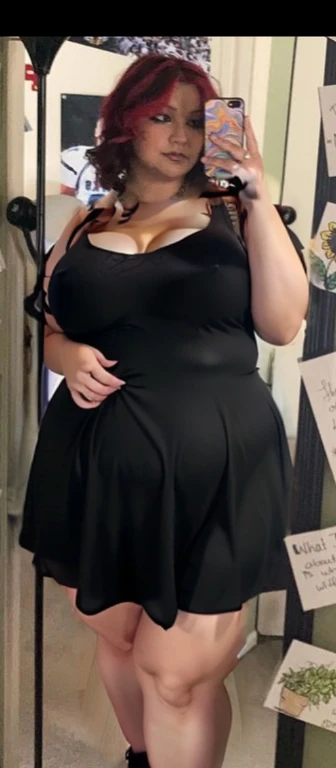 there is a woman that is taking a picture in the mirror, she is wearing a black dress, full body picture, taken in the early 2020s, cute black dress, zoomed out full body, wearing a black dress, she has a jiggly fat round belly, taken in the late 2000s, Big tits, huge tits, no clothes, sexy, cute, wide hips, thick thighs, pear-shaped body, minimal clothes, thick, bbw, chubby stomach, thick nipples, nipple piercings, large areola, hard nipples, piercing through shirt, nipples hard through shirt, busty, major cleavage, naked, ripping through top, boobs spilling over sides, bra too tight, giant tits, dominatrix, dominatrix clothes, fat stomach, fat belly showing, grabbing sexy jiggly fat round belly