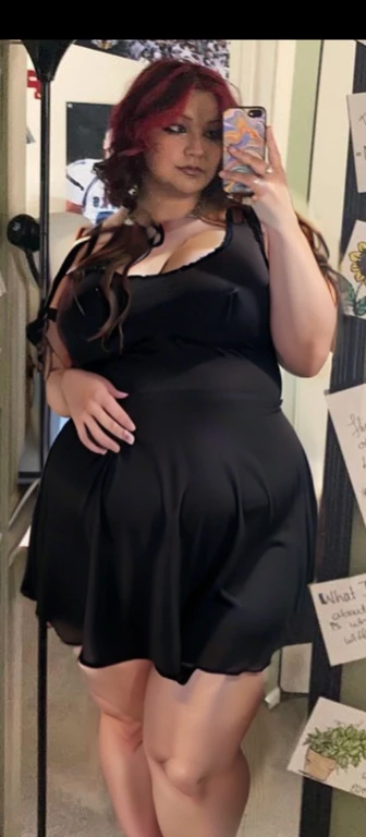 there is a woman that is taking a picture in the mirror, she is wearing a black dress, full body picture, taken in the early 2020s, cute black dress, zoomed out full body, wearing a black dress, she has a jiggly fat round belly, taken in the late 2000s, Big tits, huge tits, no clothes, sexy, cute, wide hips, thick thighs, pear-shaped body, minimal clothes, thick, bbw, chubby stomach, thick nipples, nipple piercings, large areola, hard nipples, piercing through shirt, nipples hard through shirt, busty, major cleavage, naked, ripping through top, boobs spilling over sides, bra too tight, giant tits, dominatrix, dominatrix clothes, fat stomach, fat belly showing, grabbing sexy jiggly fat round belly