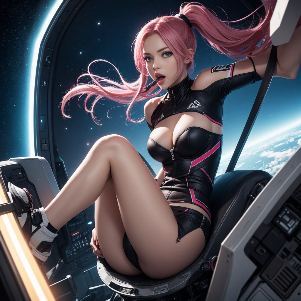 (Masterpiece), (Best Quality), (Super Detailed), (Dirty Hair), (Illustration), (1 Girl) (Long Pink Hair 1.5) (Blue Eyes) (Double Ponytail 2.0), beautiful face, floating in zero gravity on the command deck of a spaceship, her red hair floating, her legs open towards me, and her mouth open in a grimace of pleasure, large breasts, planet earth can be glimpsed behind her