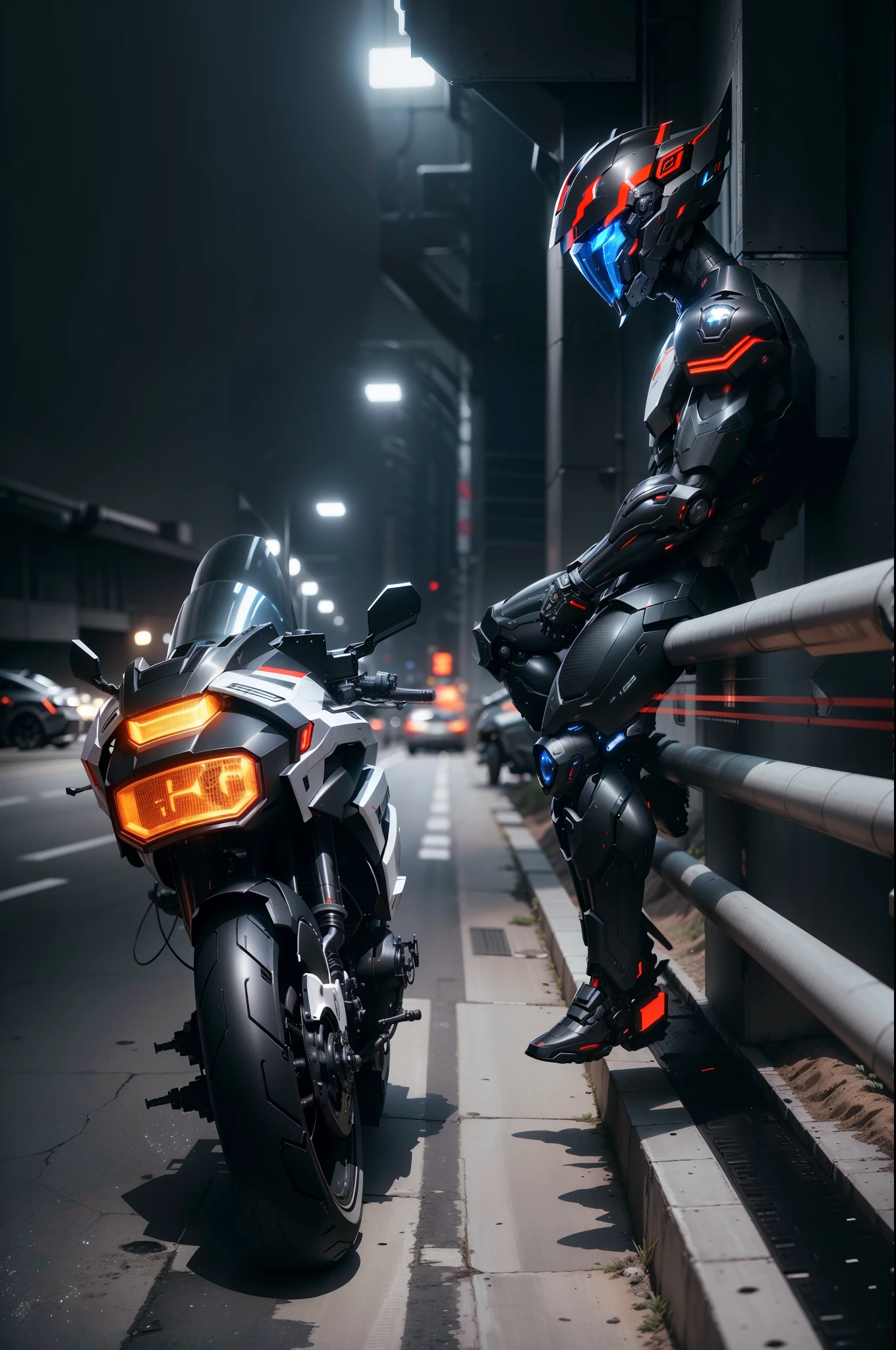 Handsome full body black mecha white short hair cyber handsome warrior, black cyber mechanical motorcycle, high-tech black full surround helmet, white short hair, Nousr, biomechanics, MSHN robot man, high-tech helmet, surreal, steel, complex design, crazy details, fine details, extremely clear lines, cinematic lighting, photo realism, detailed masterpiece