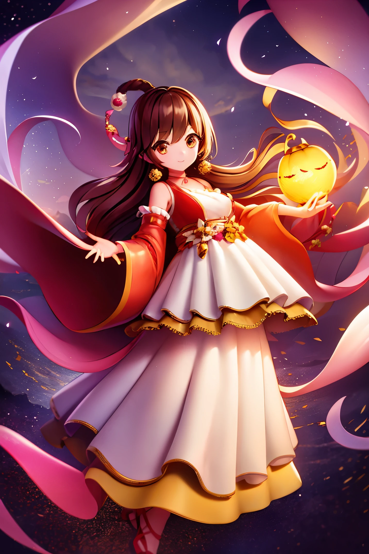 one-girl,Sugar gourd in hand,Wearing a plush cotton jacket,temple fair,lanternigure,The girl was smiling,is night,There is a big, yellow moon in the sky,Ambient light,noisy