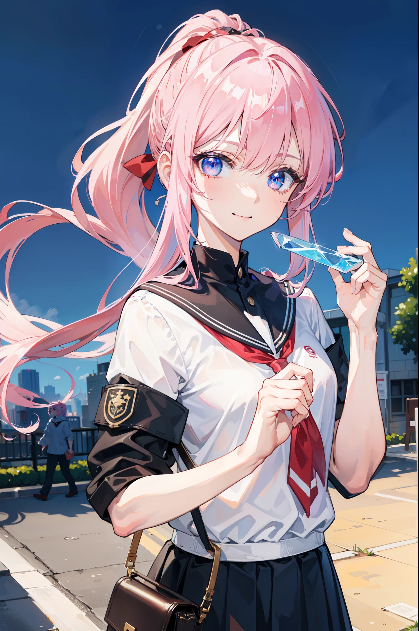 (((masterpiece))), 4k res, highly detailed, (((extremely detailed eyes))), (((good hands, good anatomy))), detailed background, crystal clear eyes, high quality, 1girl, solo, anime girl, best quality, highres, ultra-detailed, beautiful, 8k, sunray, ponytail, pink hair, blue vibrant eyes, school uniform, streets, Miyako Shikimori, close up view, smile