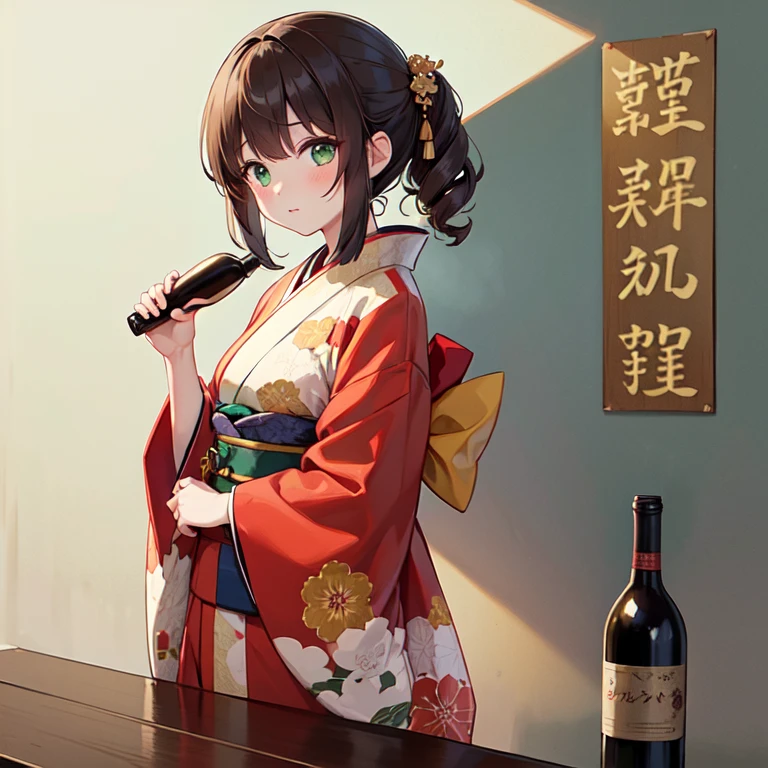 1girl, solo, super fine illustration, an extremely delicate and beautiful, best quality, brown hair, green eyes, hopeful, motivated, kimono, traditional, wine bottle, putting away, bright, warm, hopeful, determined, strong, resilient, simple, elegant, optimistic, courageous, front view, half body, colored paper, wall, New Year’s resolutions.