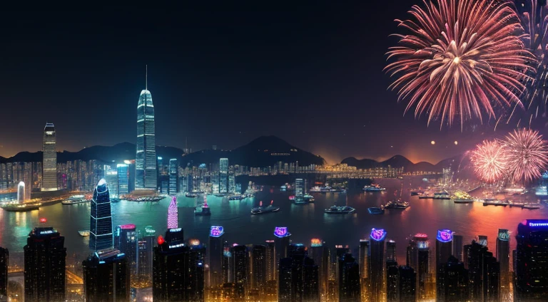 fireworks over the city at night with boats and ships, beautiful cityscape, by Patrick Ching, 4k highly detailed digital art, city like hong kong, hd anime cityscape, beautiful digital artwork, beautiful city of the future, ross tran. scenic background, 8 k resolution digital painting, 8k resolution digital painting, 4k detailed digital art, kowloon cyberpunk cityscape