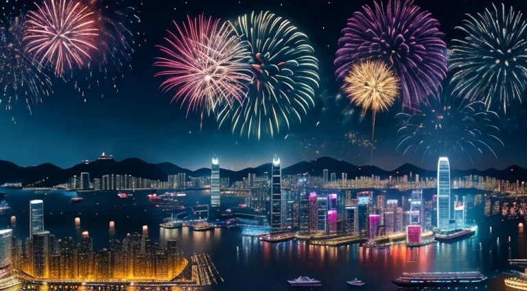 fireworks over the city at night with boats and ships, beautiful cityscape, by Patrick Ching, 4k highly detailed digital art, city like hong kong, hd anime cityscape, beautiful digital artwork, beautiful city of the future, ross tran. scenic background, 8 k resolution digital painting, 8k resolution digital painting, 4k detailed digital art, kowloon cyberpunk cityscape