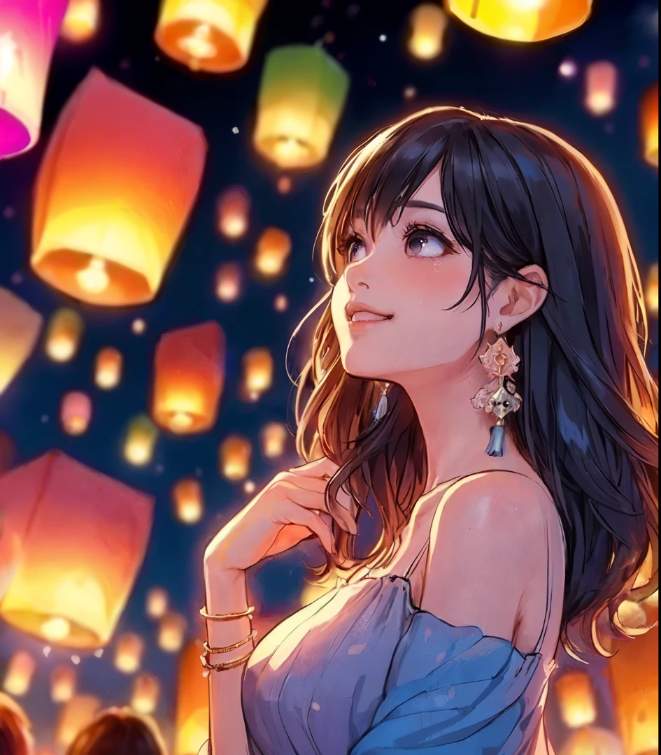 1lady solo, (looking up at the night sky:1.2), (stylish outfit), mature female, /(dark brown hair/) bangs, blush kind smile (eyes sparkling with fascination:1.1), (masterpiece best quality:1.2) delicate illustration ultra-detailed, large breasts BREAK (floating lanterns:1.2) glowing, (night sky filled with countless lanternREAK (Kom Loy festival outdoors) Chiang Mai, (New Year's Day), crowded