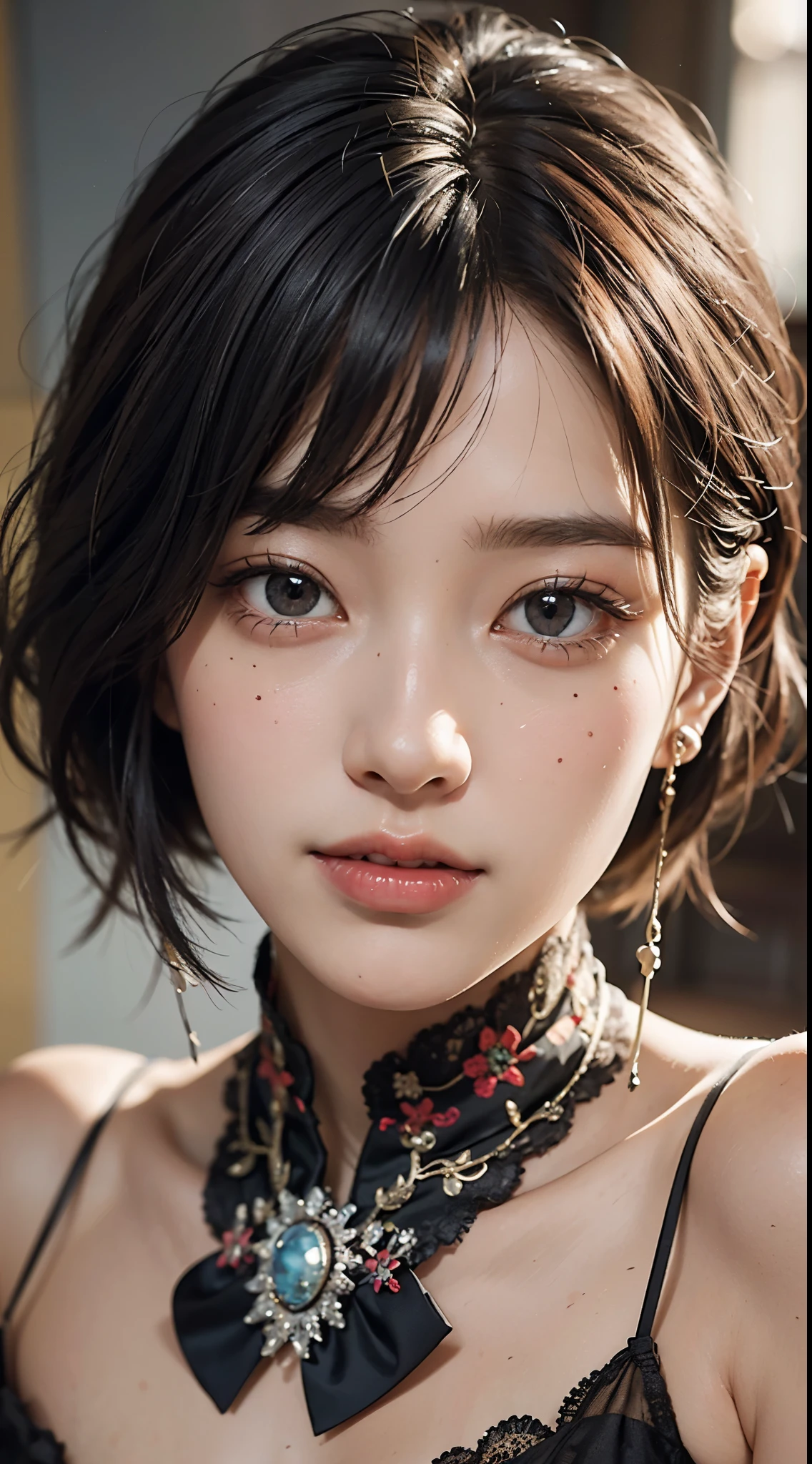 Best Quality, masutepiece, 超A high resolution, (Photorealistic:1.4), Raw photo, 1girl in, kｰpop idol, short-hair, Indoor, Summer noon,Detailed eyes,(realisticeyes),delicated face,realskin,detailed hairs,Detailed skin,Beautiful face,Smiling、((Beautiful hair ornament))、