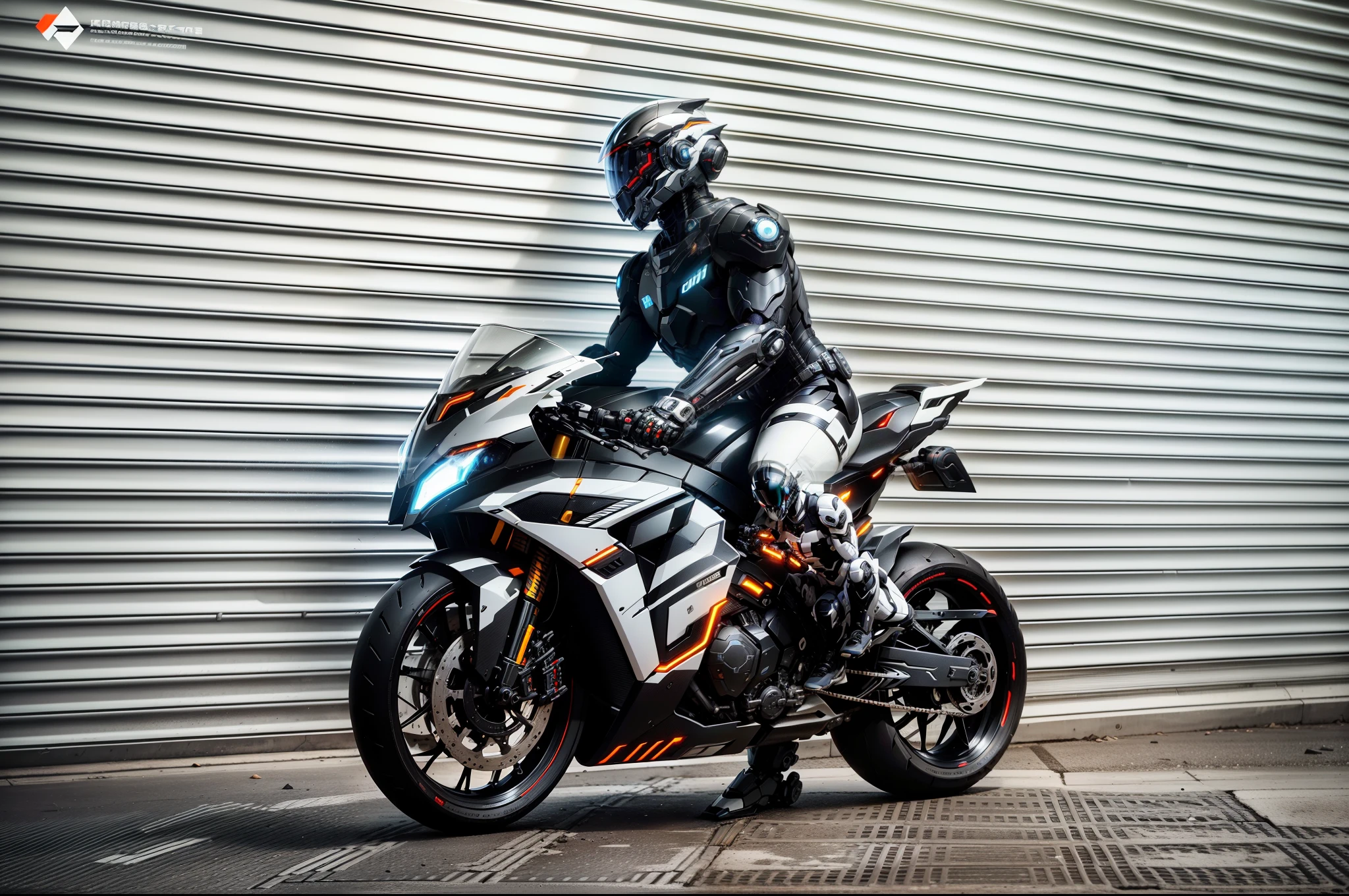 Handsome full body black mecha white short hair cyber handsome warrior, black cyber mechanical motorcycle, high-tech black full surround helmet, white short hair, Nousr, biomechanics, MSHN robot man, high-tech helmet, surreal, steel, complex design, crazy details, fine details, extremely clear lines, cinematic lighting, photo realism, detailed masterpiece