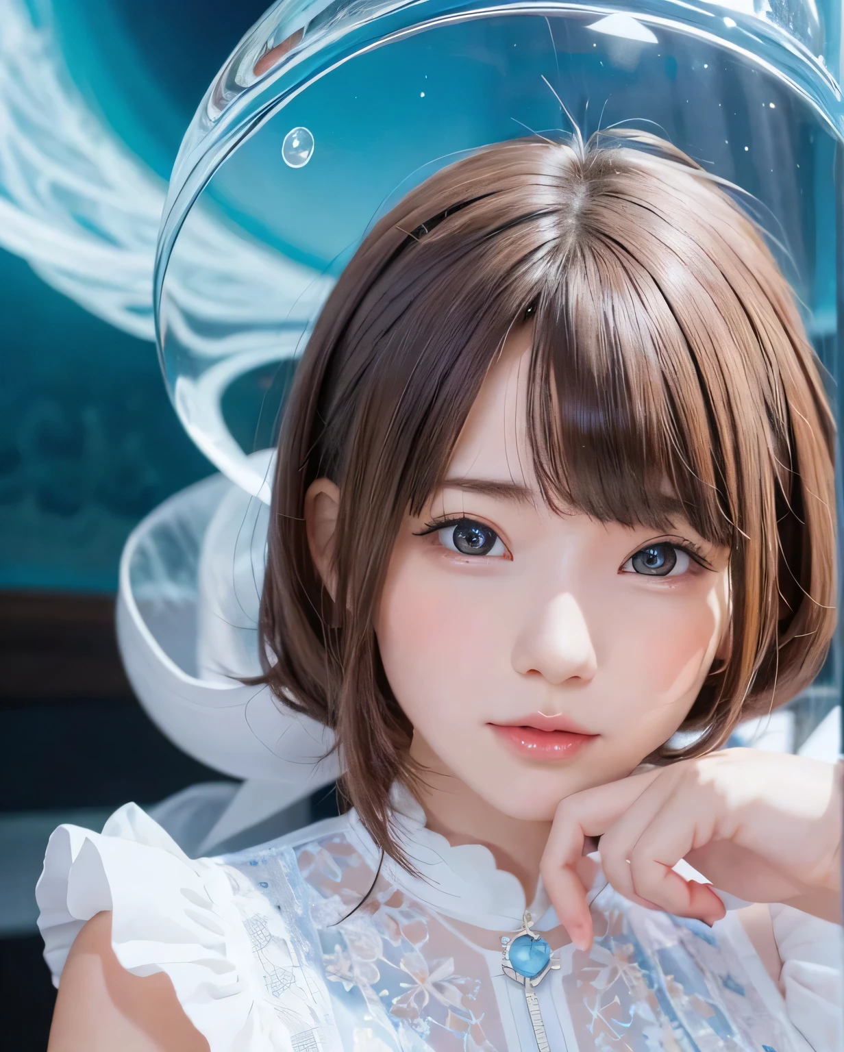 holding open transparent umbrella、heavy rain、1 girl crouching、On a puddle、Mini Chinese clothes、Bob Hair、Brown Hair、Medium breast、Weeping face、Detailed Background、On the road、Accurate Face、Beautiful face、Accurate anatomical limbs、(masterpiece、Highest quality、Raw photo quality、8K)、