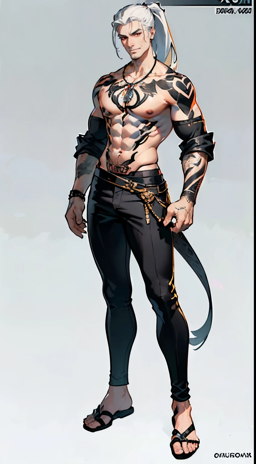((masterpiece,best quality,8k,highres)),((character concept art)), 1 male, middle-age man, Ashura God, 300cm tall, slicked back hairstyle, ponytail, (white hair colour), ultra finely detailed eyes (red eyes colour), extraordinary charming, menacing, (smirk smile), short stubble beard, extremely body build ((muscular)), beefy body shape, ((intricate detailull body tattoos, a lot of tattoos, super finely detailed hands, ultra finely detailed fingers(((ten fingers))), medieval warrior outfit (black colour outfit)(stylish), short pants, black sandals, necklace, standing still, full body showcase, (show full body), (no logos on background), (no logo), (( background)), ((plain background)), (((empty background)))