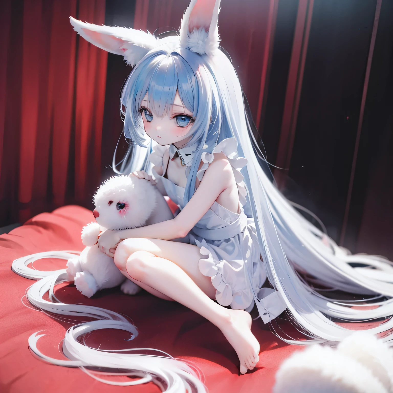 Beautiful illustration, Best quality at best,  girl, loli, suspended cgress, baby face, nude, nalothes, bare body, naughty maid apron, two legs, bare feet, pastel colour, rabbit ears, bunny ears, rabbit ears, petite, very long light blueir, wavy long hair, stuffed toy, Bright lights, Light blue eyes