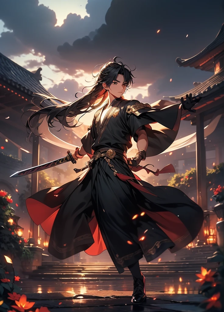 a boy holding a sword,Long hair and high ponytail,Stormy weather,overcast day,thin fog,(Best quality,A high resolution,The image is clear,Garden scene,:1.2)