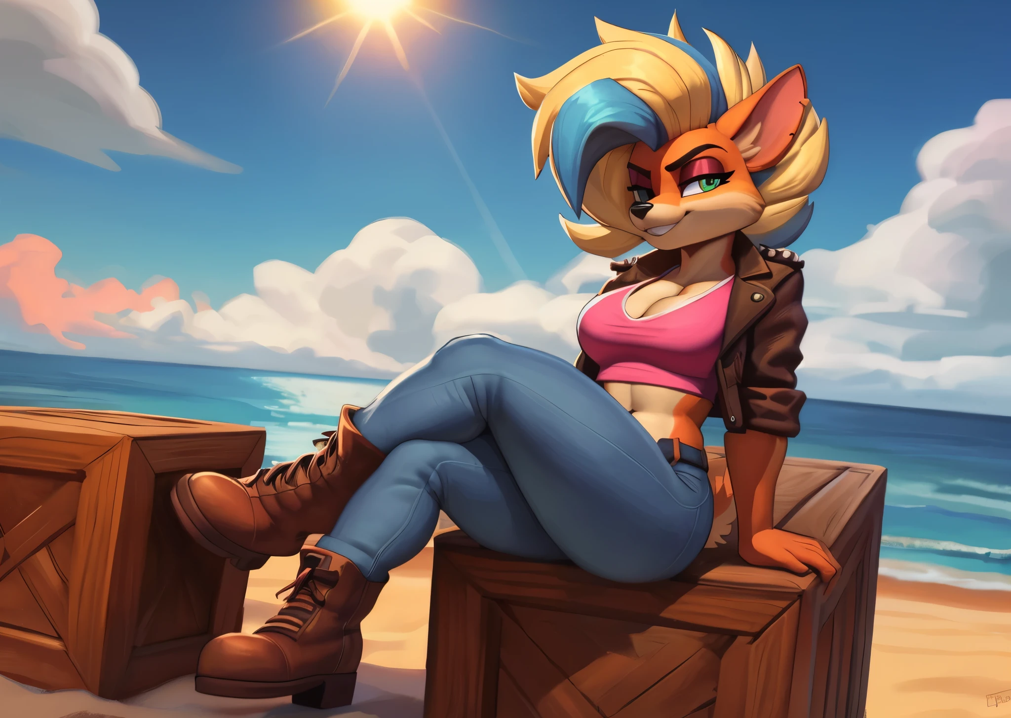 [piratetawna], [Uploaded to e621.net; (Pixelsketcher), (wamudraws)], ((masterpiece)), ((HD)), ((high res)), ((solo portrait)), ((full body)), ((furry; anthro)), ((detailed fur)), ((detailed shading)), ((beautiful render art)), ((intricate details)), {anthro; (slim figure), orange fur, black nose, beautiful green eyes, (red eyeshadow), long blonde hair, (curly bang blue highlights), (medium boobs), (curvy wide hips), (thick thighs), (beautiful legs), (beautiful feet), (smug grin)}, {(pink tee shirt), (navel), (cleavage), (brown leather jacket), (tight blue jeans), (brown boots), (pink leg warmers)}, {(sitting on barrel), (crossed legs), (looking at viewer)}, [background; (beach), (ship in ocean), (beautiful ocean), (blue sky), (sun rays), (ambient ocean)]
