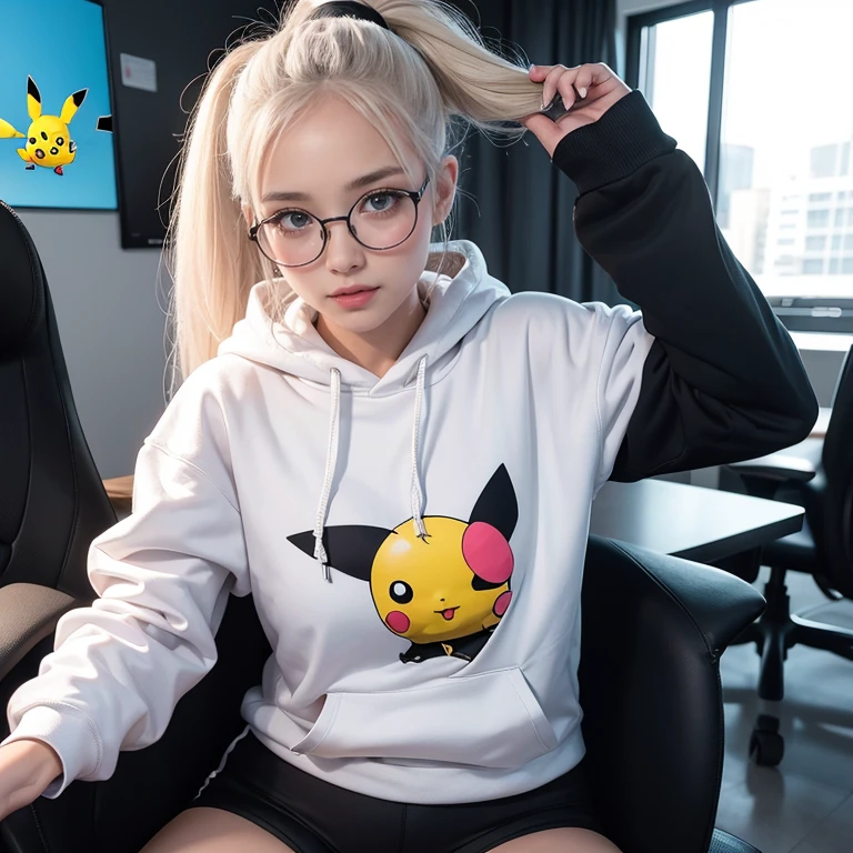 Uma linda chines extremamente fofa, her hair is white tied in a ponytail, rosto ultra detalhado, bochecha rosada, rosy lips ( her eyes are blue) She is wearing a black cold hooded sweatshirt (the sweatshirt has a Pikachu print) She is wearing tight black sports leggings shorts, fundo quarto, quarto gamer, foto realista, master part, luz profissional, She is sitting on a gaming chair with her thighs apart, sorriso (She's wearing a casual black eye glasses) 1 girl, Very high resolution, qualidade 4k 16k, Professional coloring, realista, ultra detailed hands, unhas vermelhas, Facing the camera squarely, olhos ultra detalhado (pornographic pose)