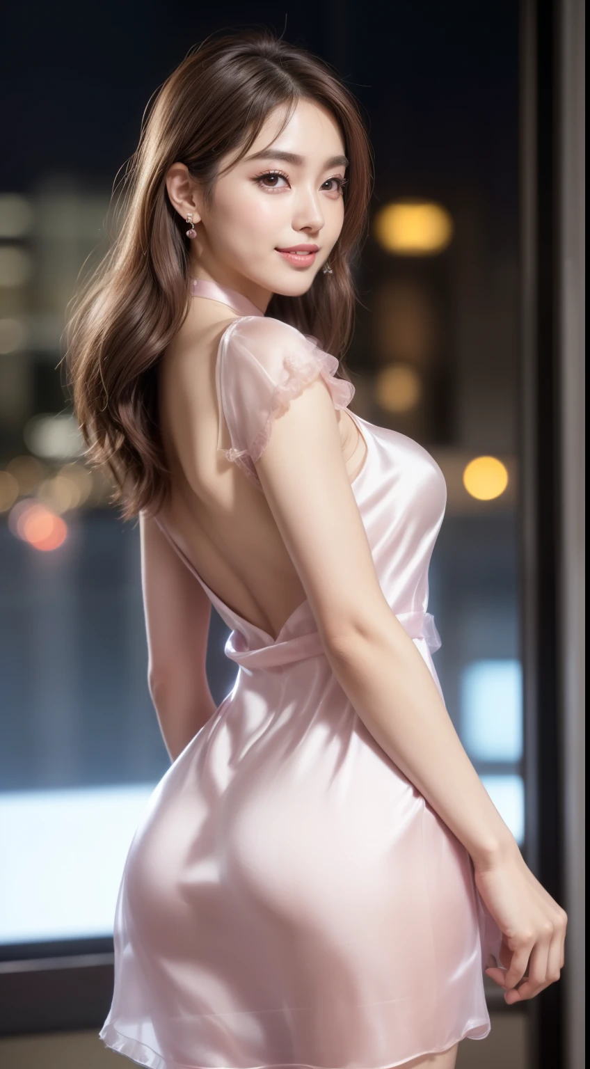 8K, tmasterpiece, RAW photogr, Best quality at best, realisticlying, extremely detailed CG unity 8K wallpaper, depth of fields, 电影灯光, lens flare glow, Ray traching, (Extremely beautiful face, beautifullips, pretty eyes), Intricately detailed face, ((Ultra-delicate skin)) 1 girl, in the darkness nigth, deep shading, Beautiful Korean girl, K-pop idol, 1 girl, (Very slim slender fit-muscled body:1.3), ((looking at viewert)),(Hefty Smile:1.3), (fashion city night, nigth, (neonlight), (vague background), Fashion Street Night),(No one is in the background:1.3), Beautiful earrings, bangle, choker necklace, lacepantyhose, Clear eyes, foot on foot, (pale-skinned), (Big eyes looking forward, (Brown hairy body shot), ((silk pink dress:1.3)), ((tightly dress)), ((laced dress)), (looking at viewert:1.3) avas, Very slim, medium, Turn Back, (rear projection), focal, In front of the eyebrows,(tightly dress), Thigh thick
