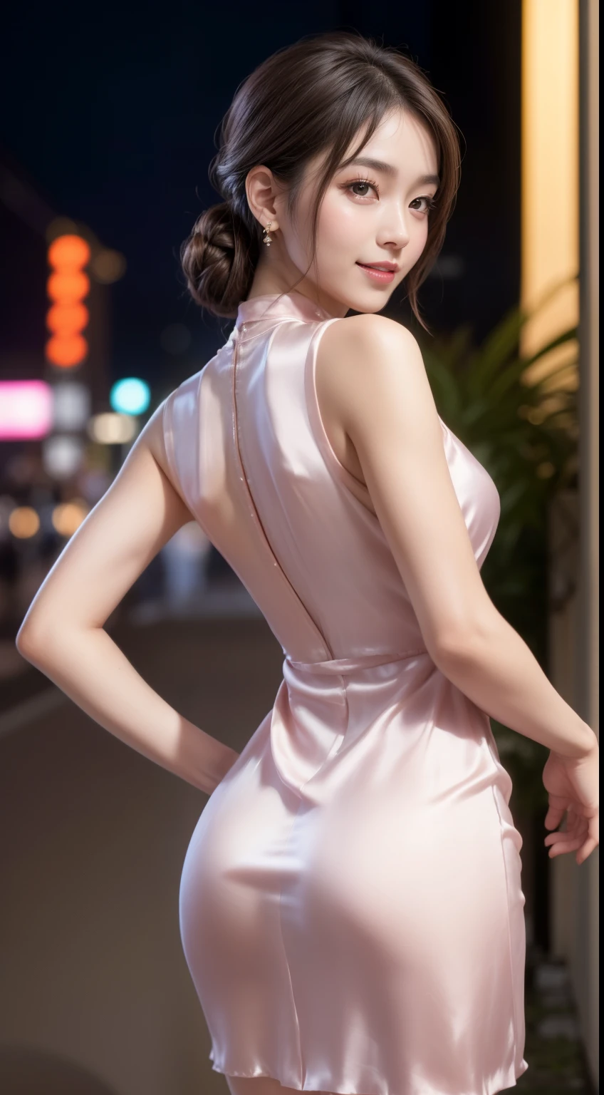 8K, tmasterpiece, RAW photogr, Best quality at best, realisticlying, extremely detailed CG unity 8K wallpaper, depth of fields, 电影灯光, lens flare glow, Ray traching, (Extremely beautiful face, beautifullips, pretty eyes), Intricately detailed face, ((Ultra-delicate skin)) 1 girl, in the darkness nigth, deep shading, Beautiful Korean girl, K-pop idol, 1 girl, (Very slim slender fit-muscled body:1.3), ((looking at viewert)),(Hefty Smile:1.3), (fashion city night, nigth, (neonlight), (vague background), Fashion Street Night),(No one is in the background:1.3), Beautiful earrings, bangle, choker necklace, lacepantyhose, Clear eyes, foot on foot, (pale-skinned), (Big eyes looking forward, (Brown hairy body shot), ((silk pink dress:1.3)), ((tightly dress)), ((laced dress)), (looking at viewert:1.3) avas, Very slim, medium, Turn Back, (rear projection), focal, In front of the eyebrows,(tightly dress), Thigh thick