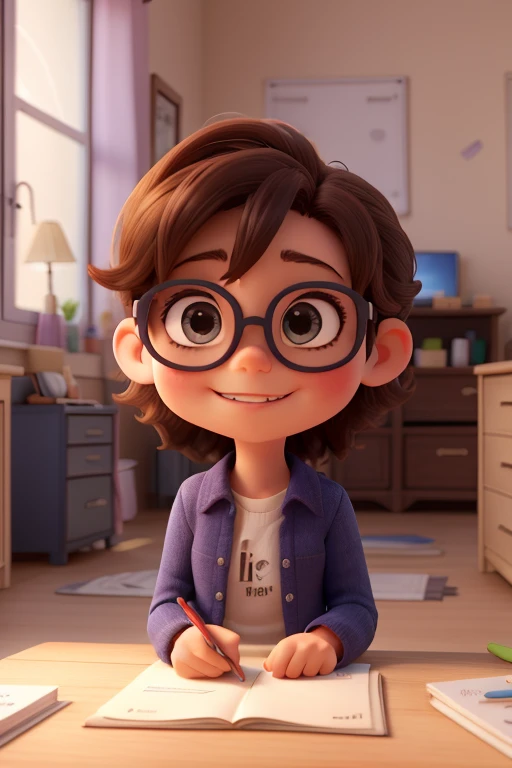 Une petite fille avec des cheveux bruns ondulé des lunettes qui dessine sur un bureau dans une chambre avec une petite lampe pour l'éclairer