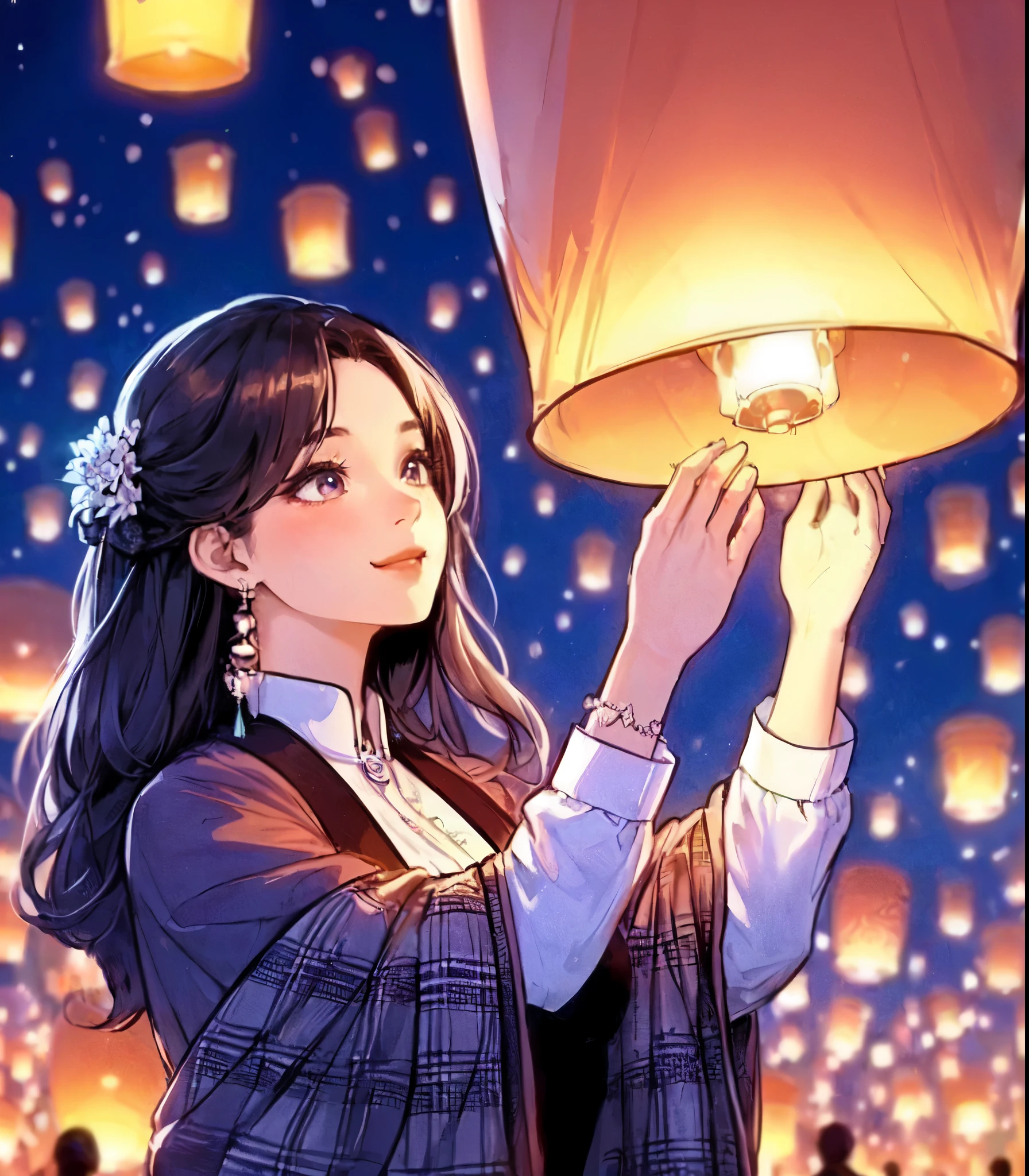 1lady solo, ((releasing a lantern:1.2) into the night sky), (stylish outfit), mature female, /(black hair/) bangs, blush kind smile (eyes sparkling with fascination:1.1), (masterpiece best quality:1.2) delicate illustration ultra-detailed, large breasts BREAK (floating lanterns:1.2) glowing, (night sky filled with countless lanternREAK (Kom Loy festival outdoors) Chiang Mai, (New Year's Day), crowded