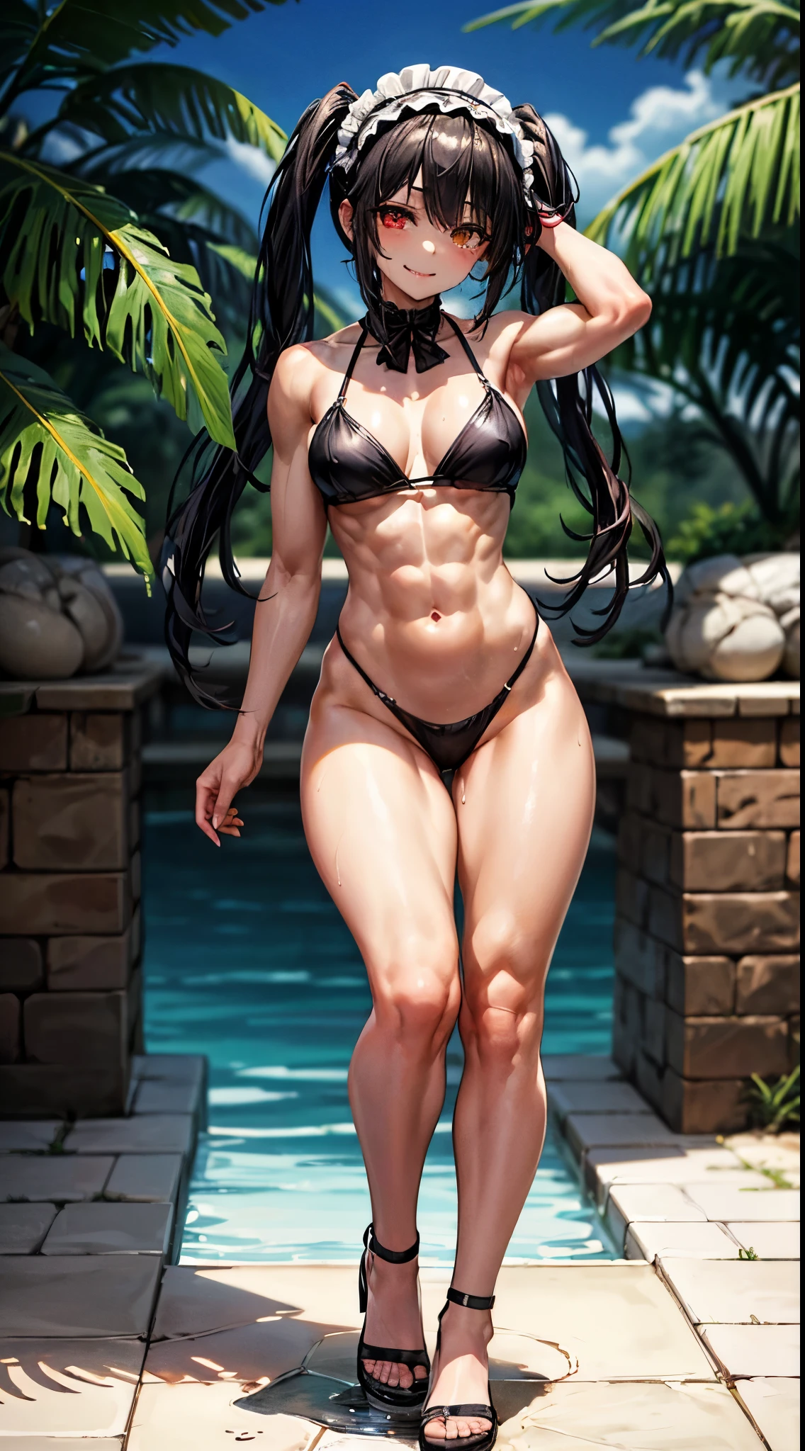 1 girl, bare shoulders, black hair, medium breasts, (muscular legs), white skin, muscular belly, wide hips, thin waist, (((clock eyes))), in the pool with the hot sun, (naked showing her muscles), (((being sexy))), full body, hair band, (((all wet))), (standing), heterochromia, black high heel shoes, lolita hair band, long hair, red eyes, mischievous smile, (sly look), only, symbol-shaped pupils, (Kurumi tokisaki), (twintails), yellow eyes